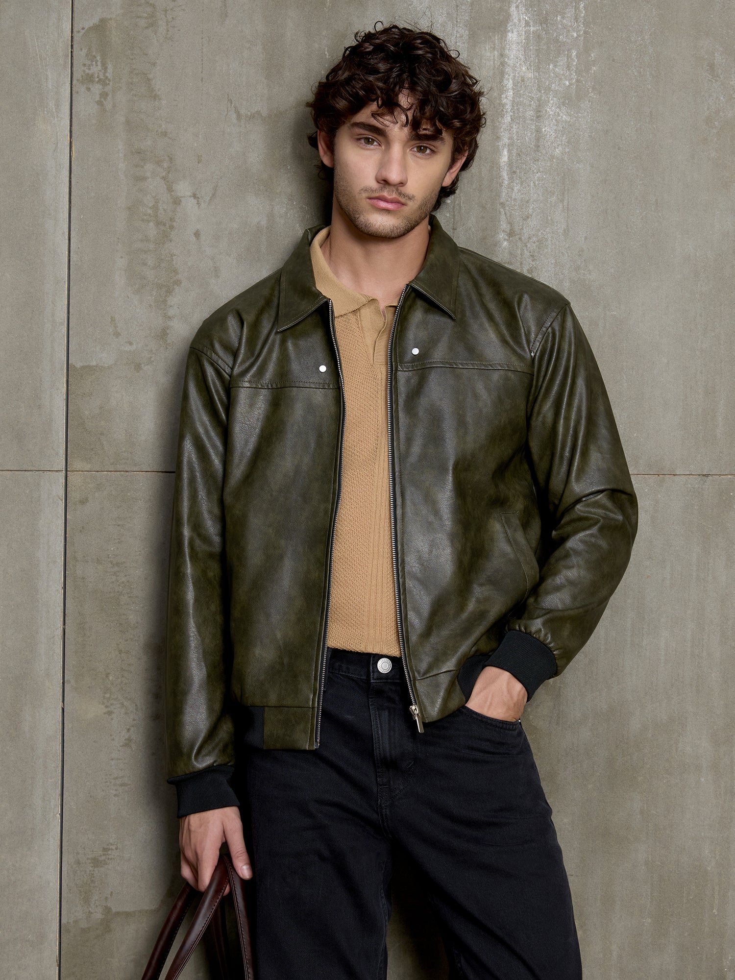 Men Olive Solid Full Sleeve Casual Jacket