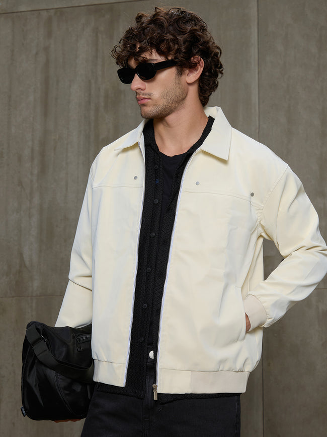 Men Off-White Solid Regular Fit Casual Jacket