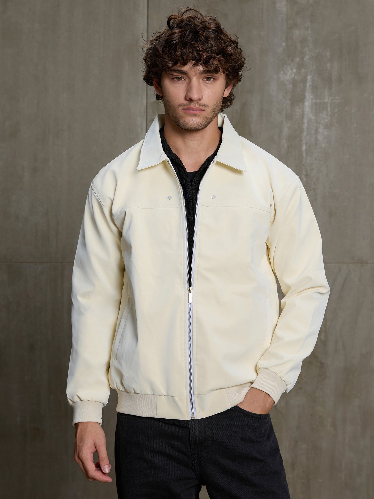 Men Off-White Solid Regular Fit Casual Jacket