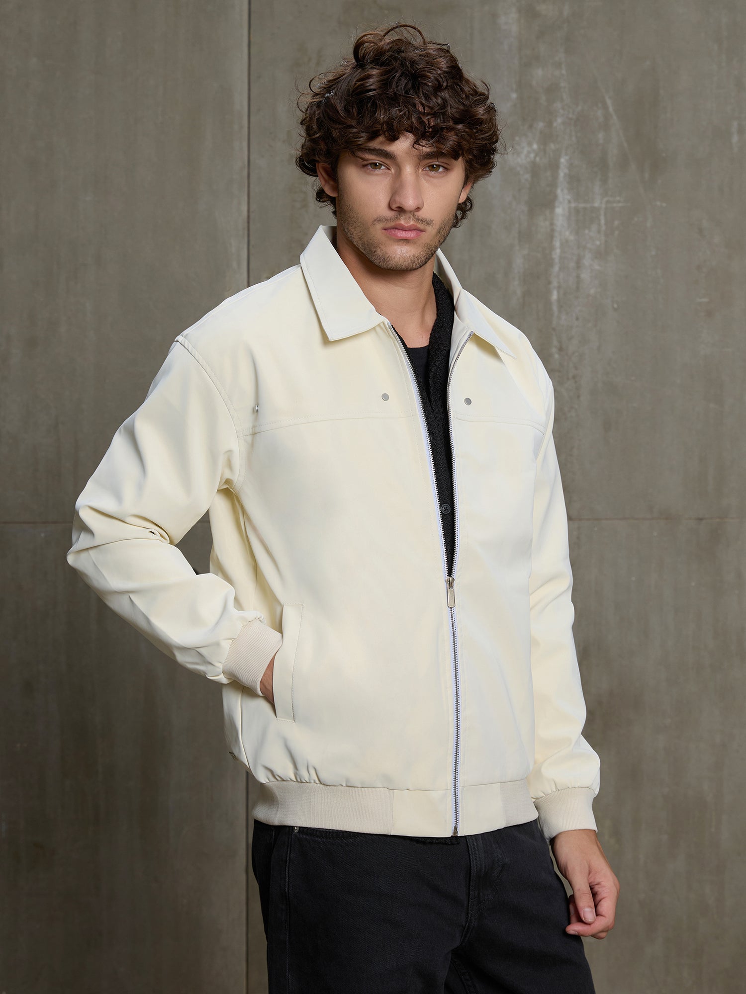 Men Off-White Solid Regular Fit Casual Jacket