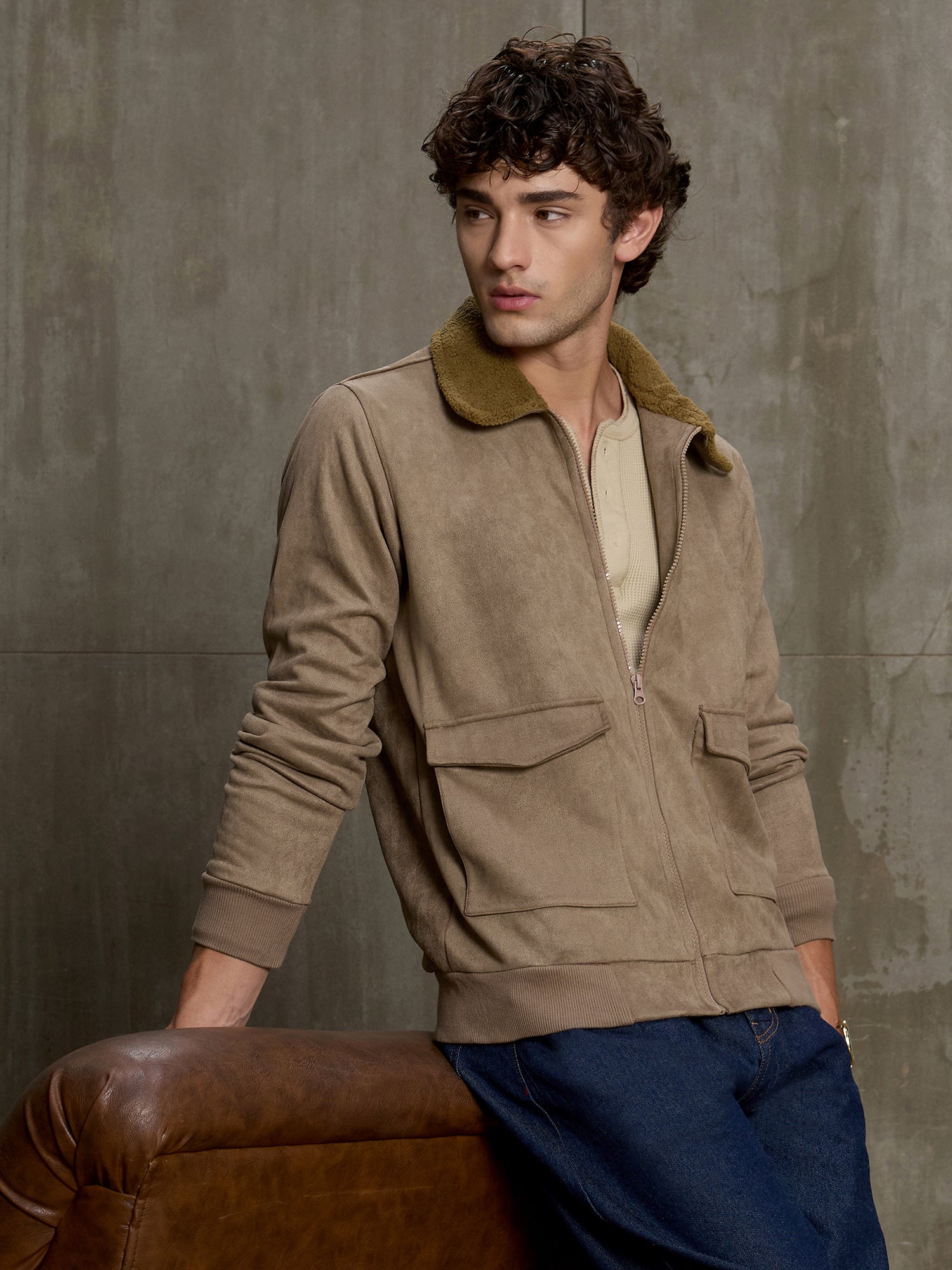 Men Khaki Solid Full Sleeve Casual Jacket