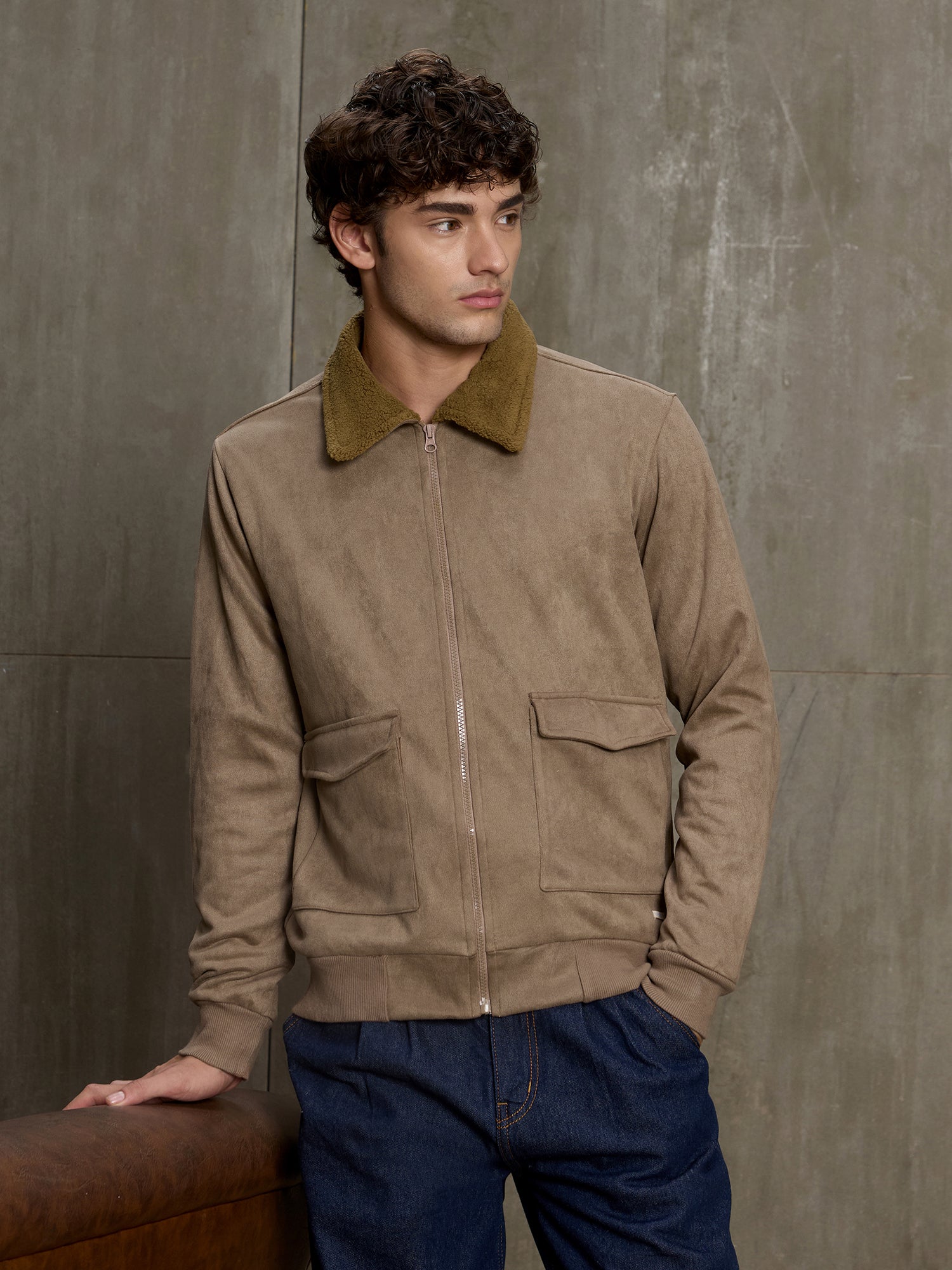 Men Khaki Solid Full Sleeve Casual Jacket
