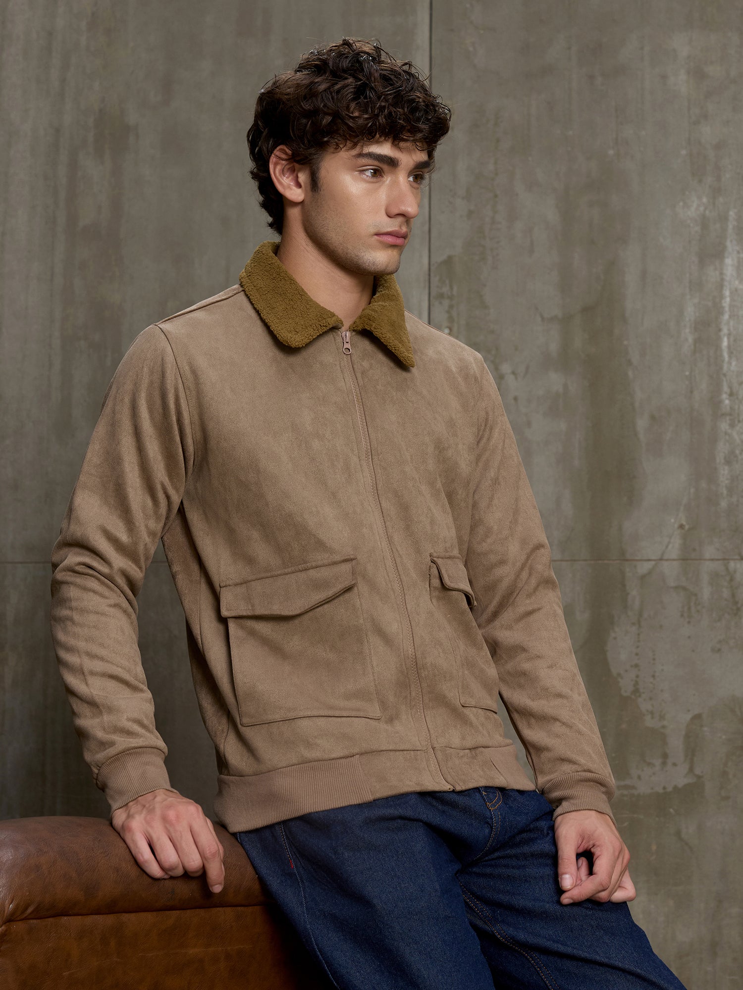 Men Khaki Solid Full Sleeve Casual Jacket