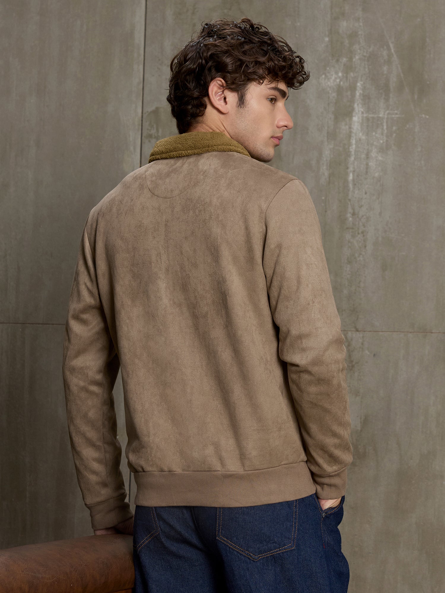 Men Khaki Solid Full Sleeve Casual Jacket