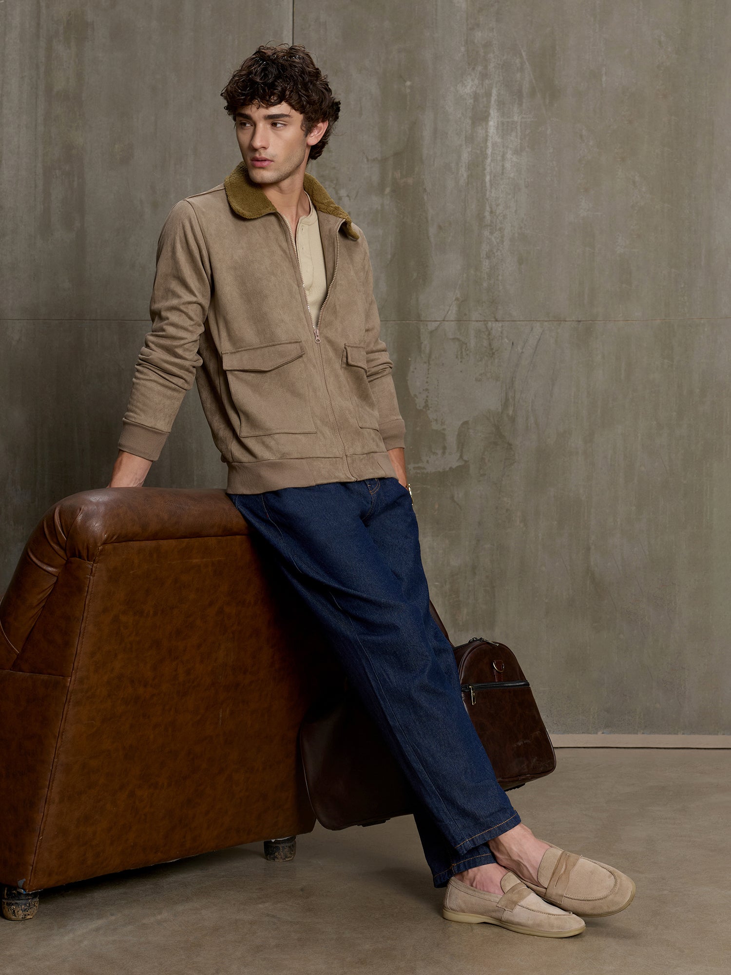Men Khaki Solid Full Sleeve Casual Jacket