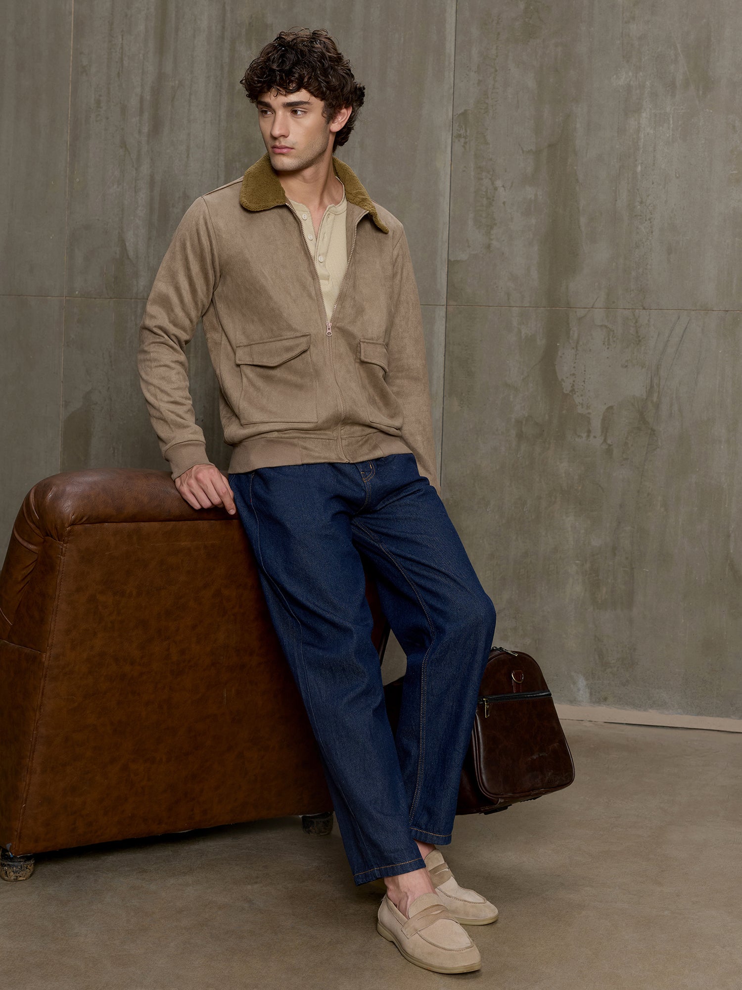 Men Khaki Solid Full Sleeve Casual Jacket