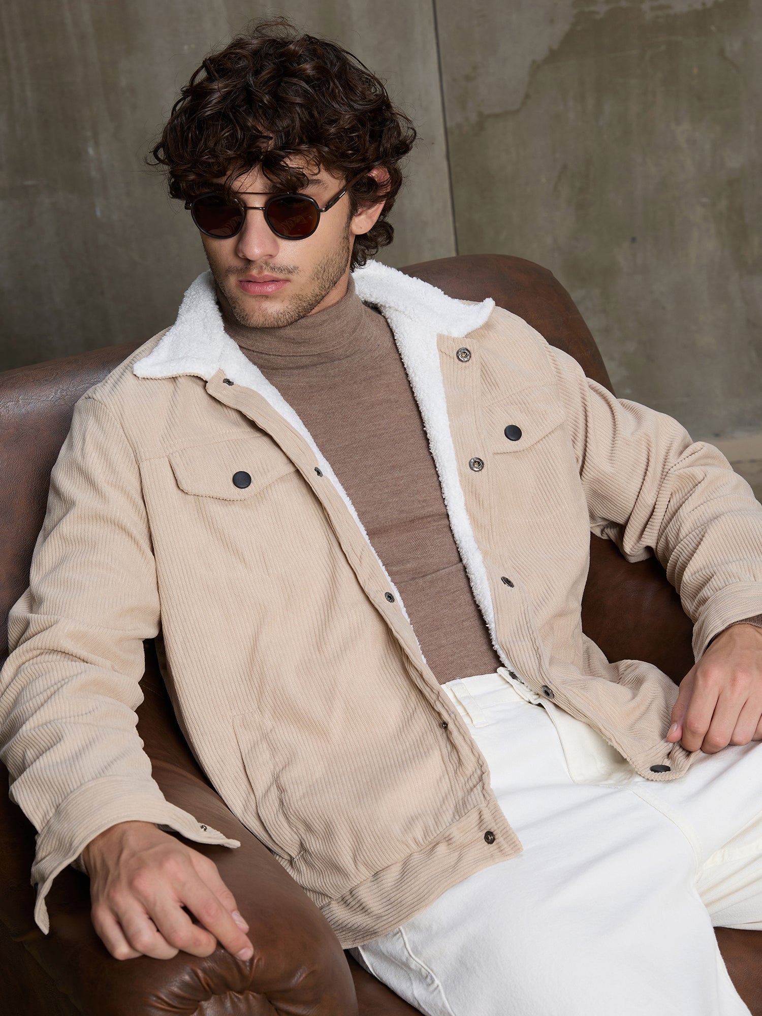 Men Beige Textured Self-Design Casual Jacket