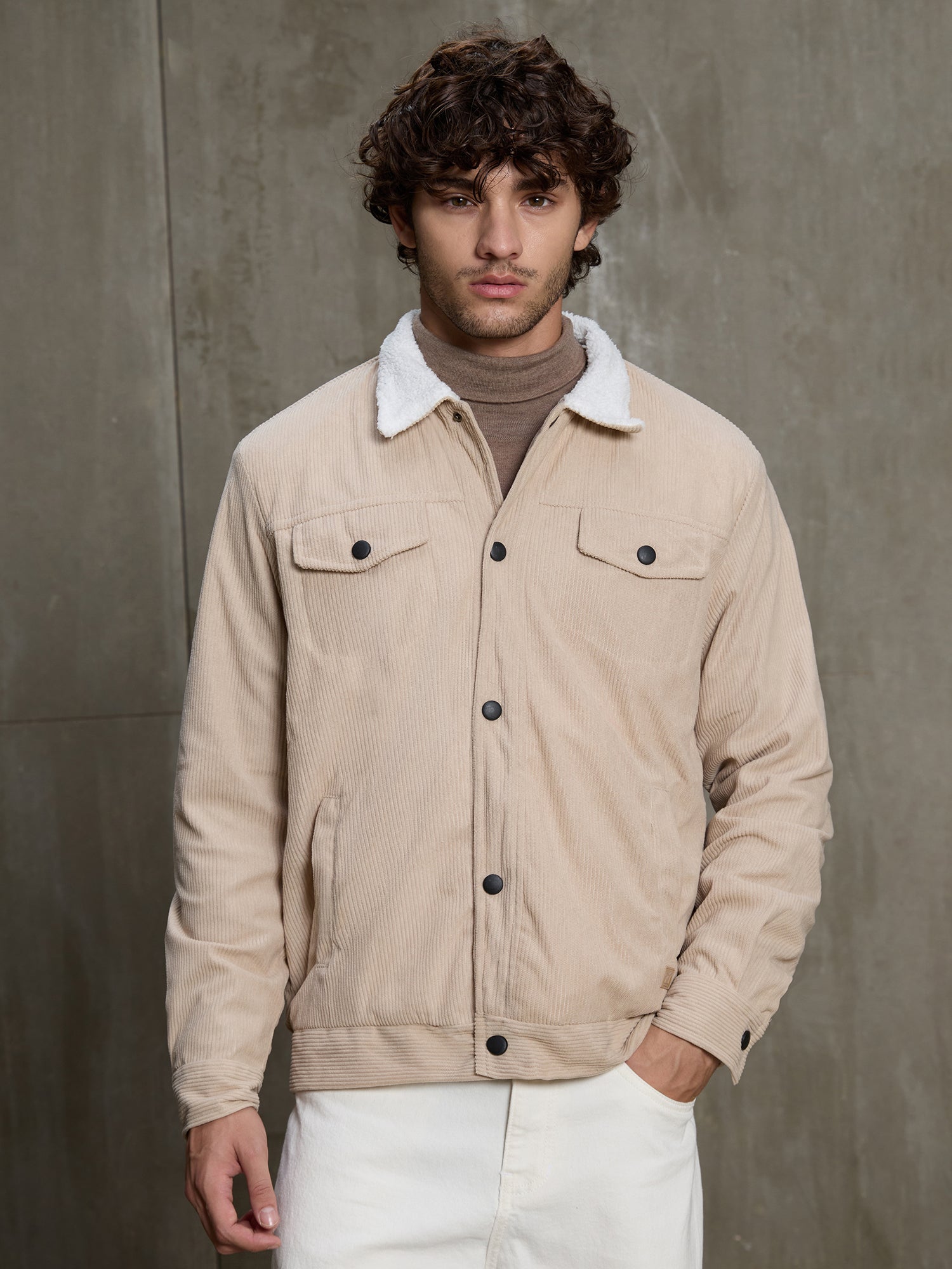 Men Beige Textured Self-Design Casual Jacket