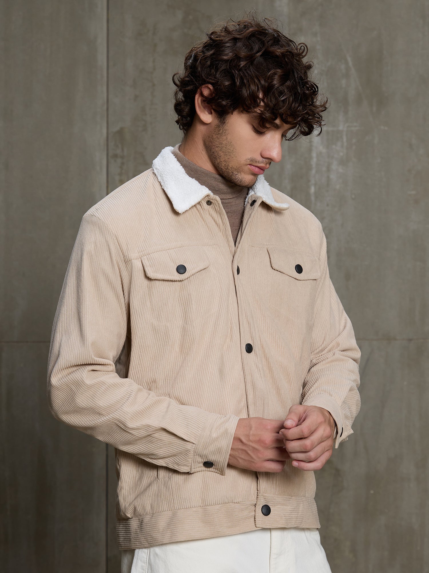 Men Beige Textured Self-Design Casual Jacket