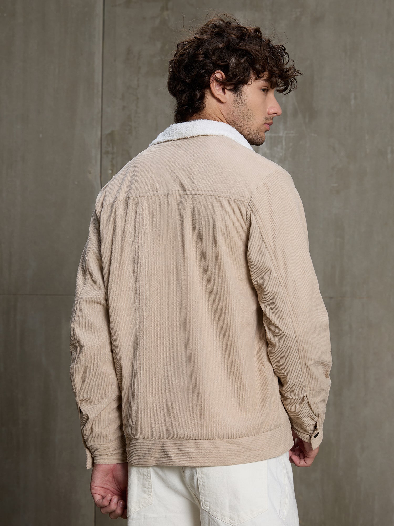 Men Beige Textured Self-Design Casual Jacket