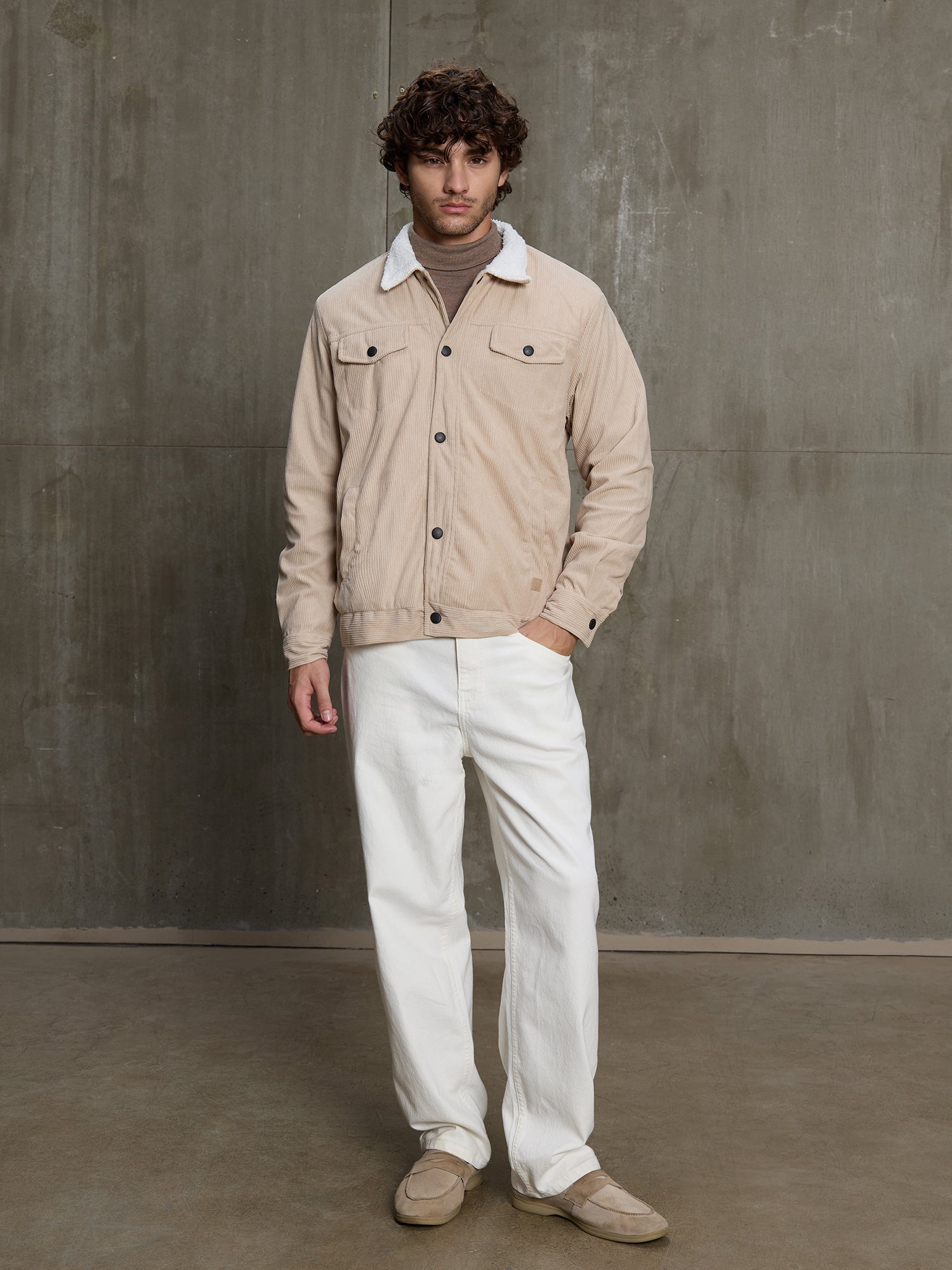 Men Beige Textured Self-Design Casual Jacket