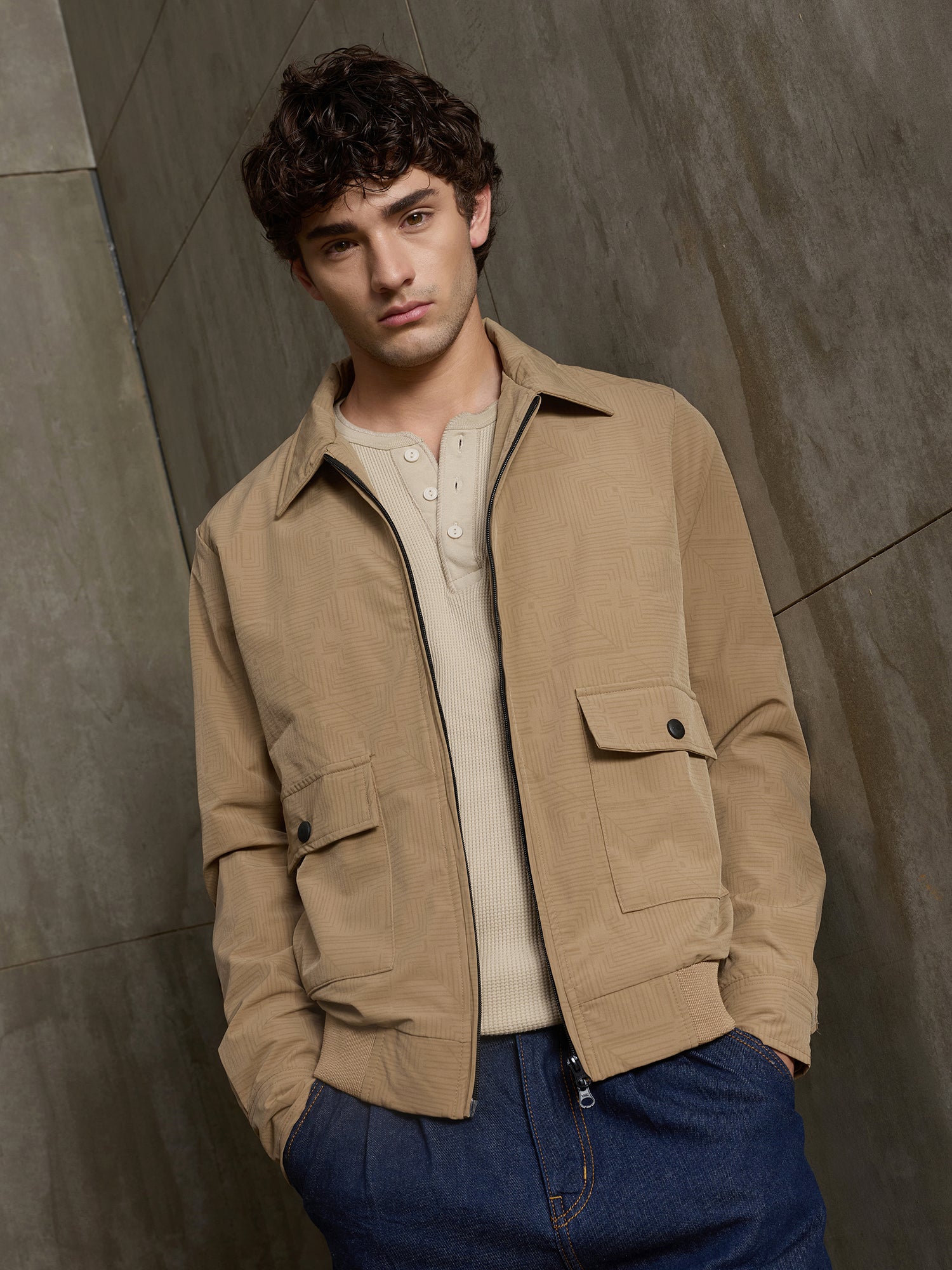 Men Beige Self-Design Full Sleeve Casual Jacket