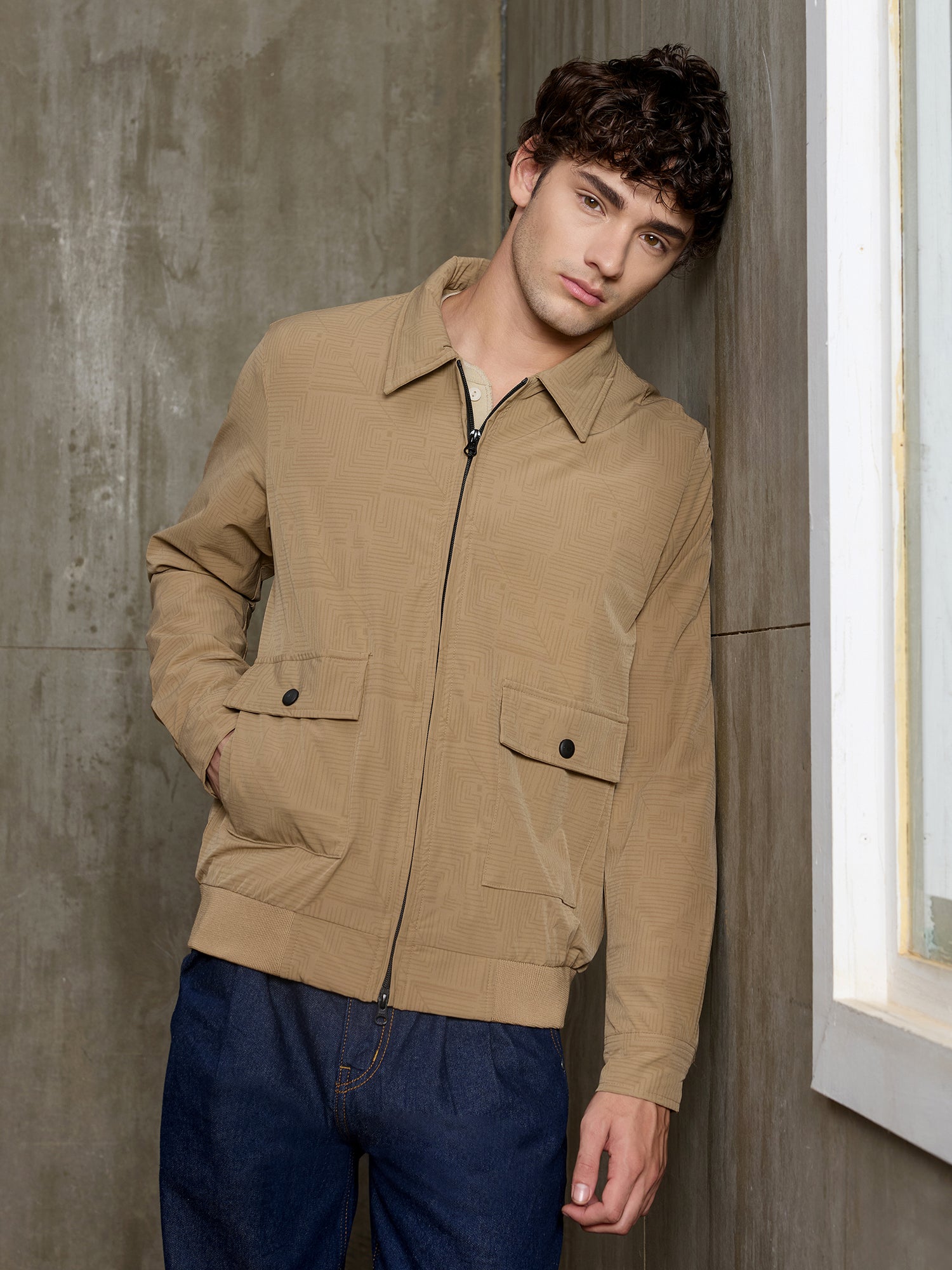 Men Beige Self-Design Full Sleeve Casual Jacket