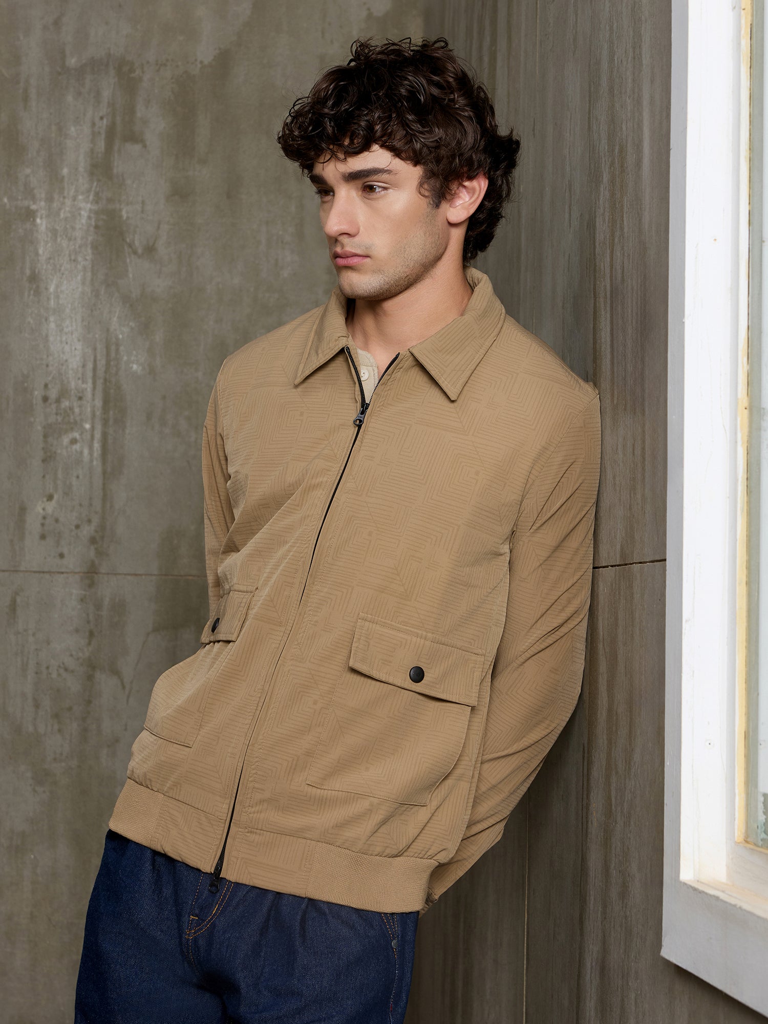 Men Beige Self-Design Full Sleeve Casual Jacket