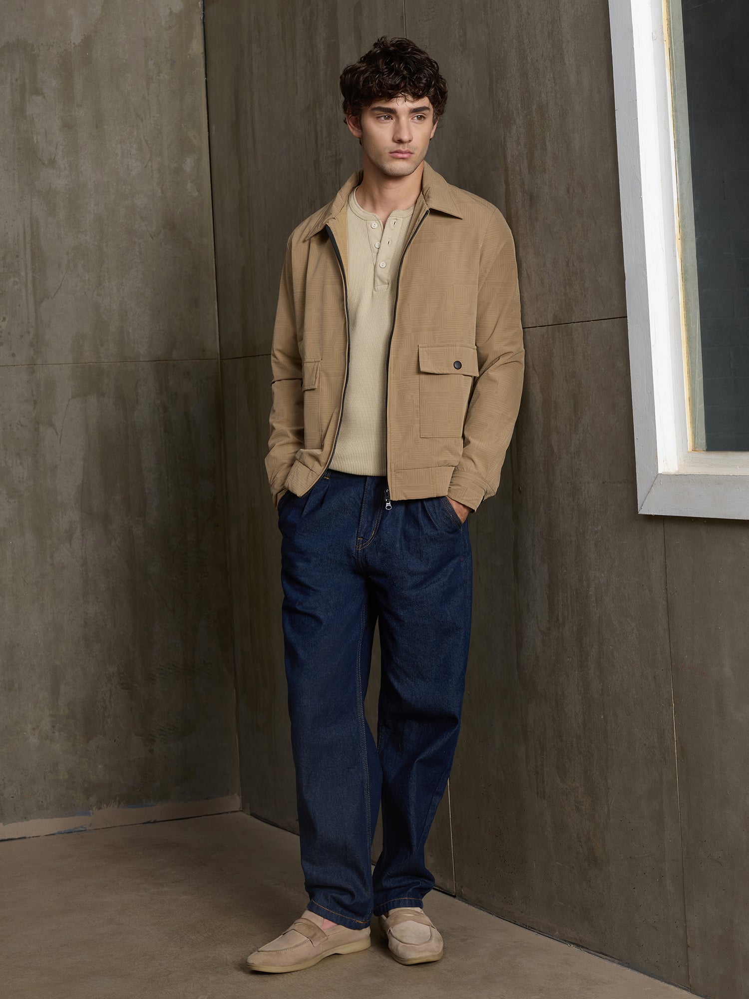 Men Beige Self-Design Full Sleeve Casual Jacket