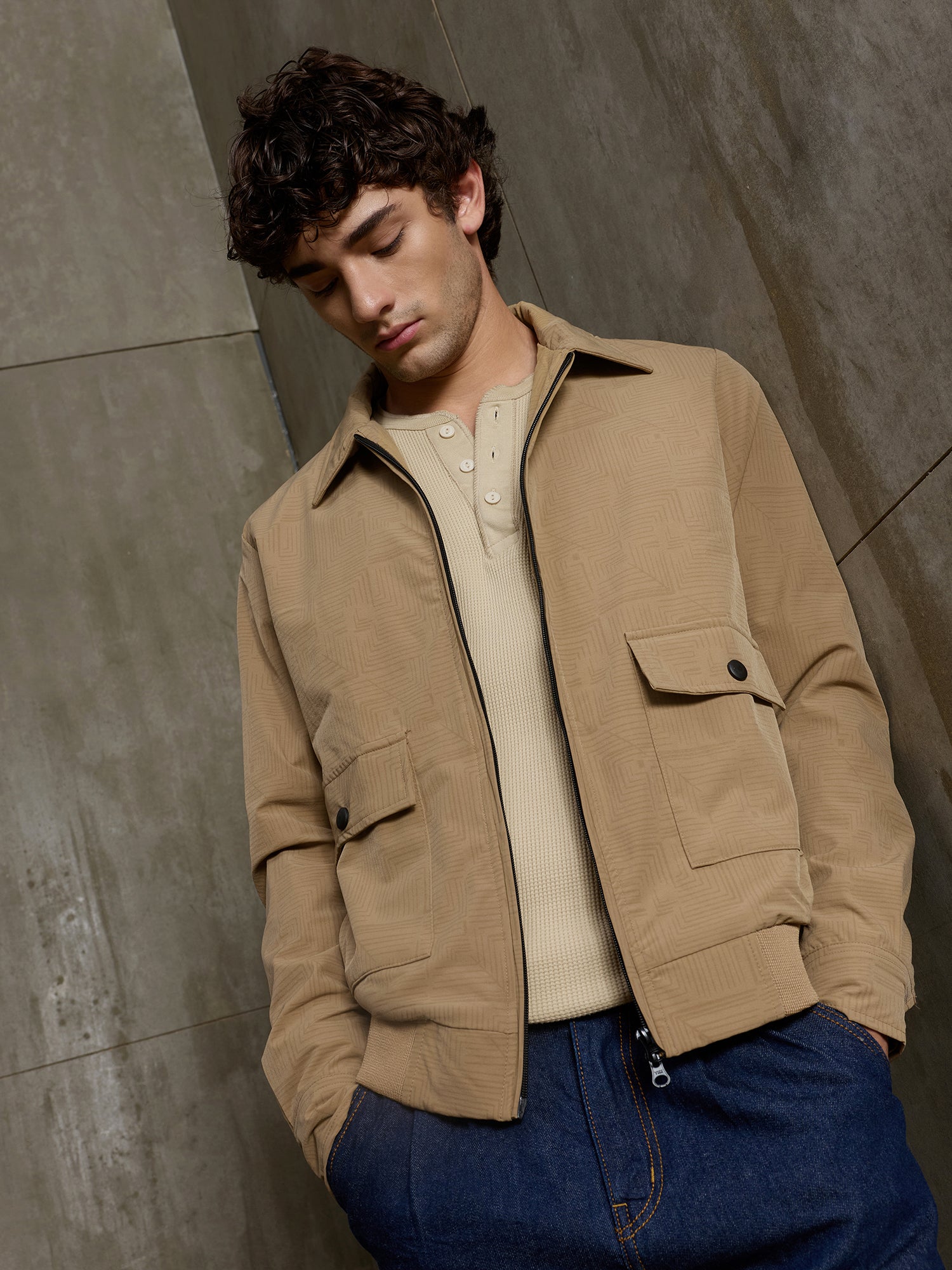 Men Beige Self-Design Full Sleeve Casual Jacket