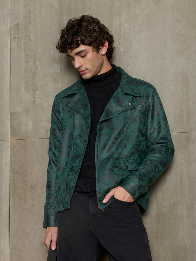 Men Dark Green Textured Full Sleeve Casual Jacket