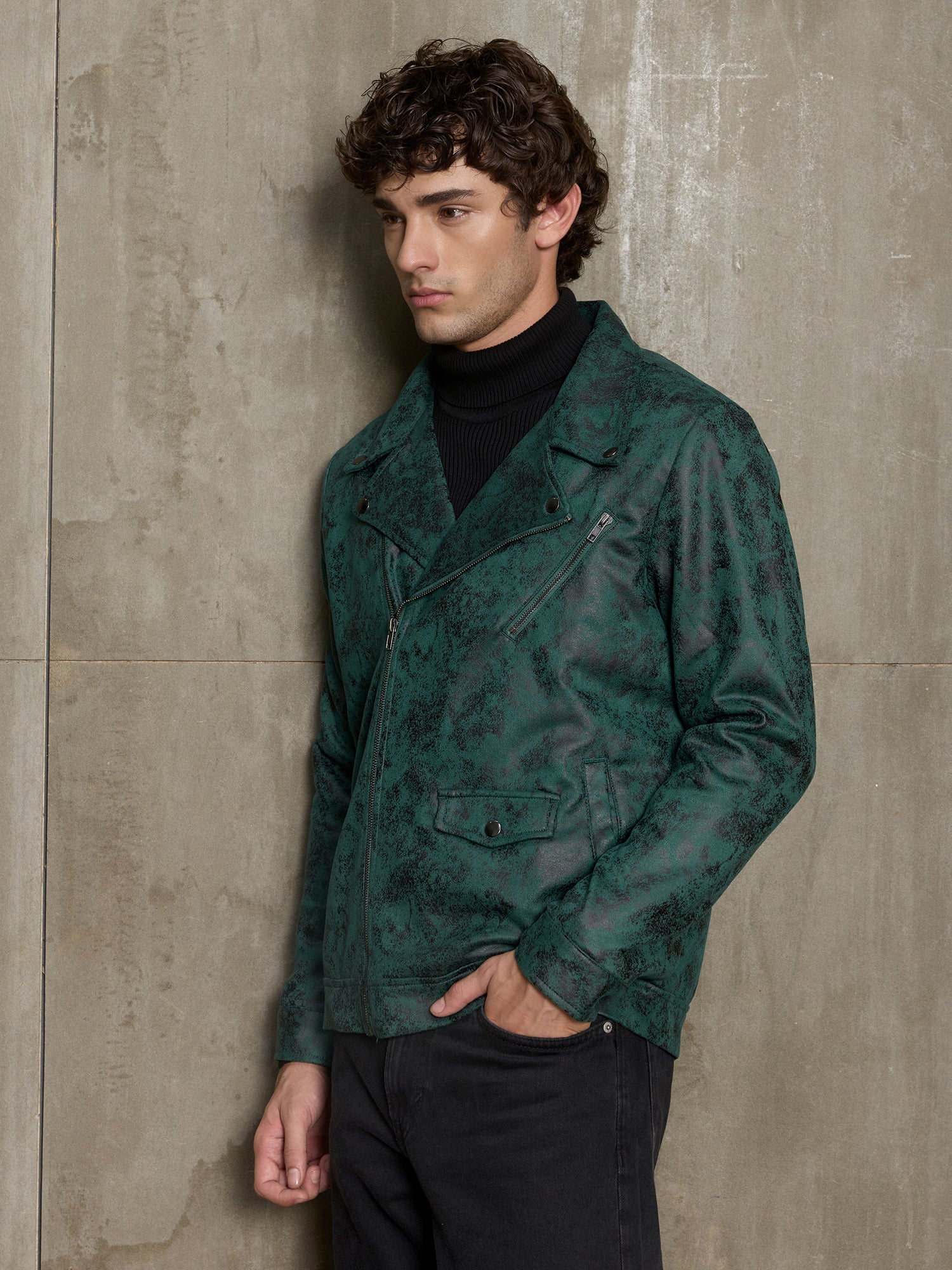 Men Dark Green Textured Full Sleeve Casual Jacket
