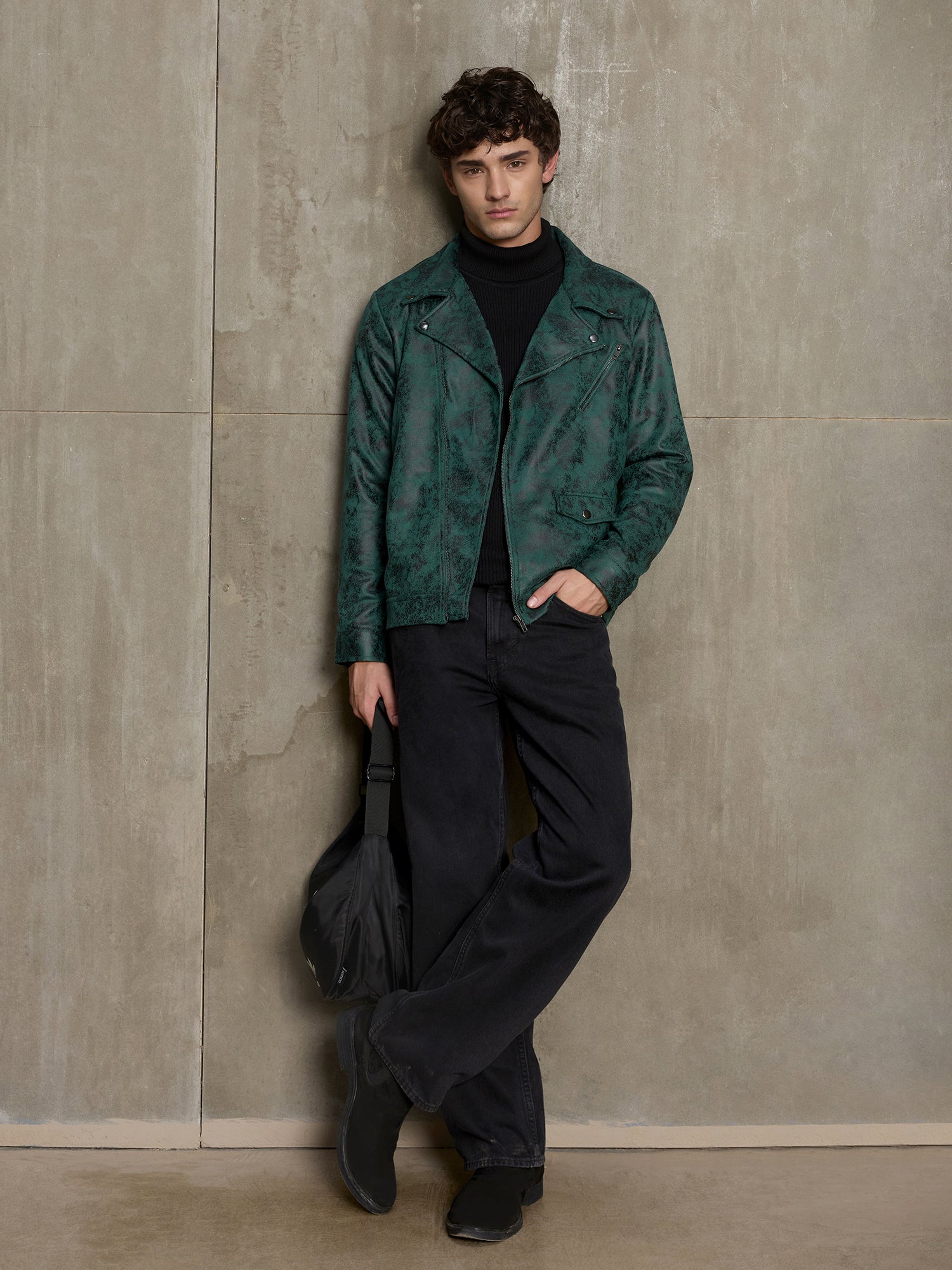 Men Dark Green Textured Full Sleeve Casual Jacket