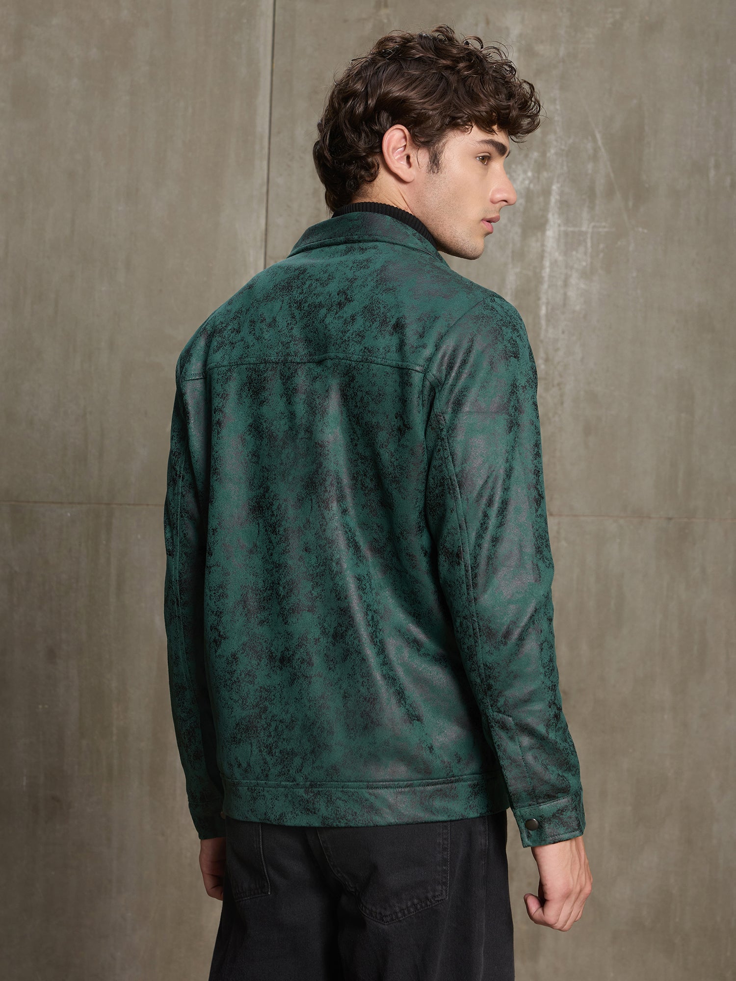 Men Dark Green Textured Full Sleeve Casual Jacket