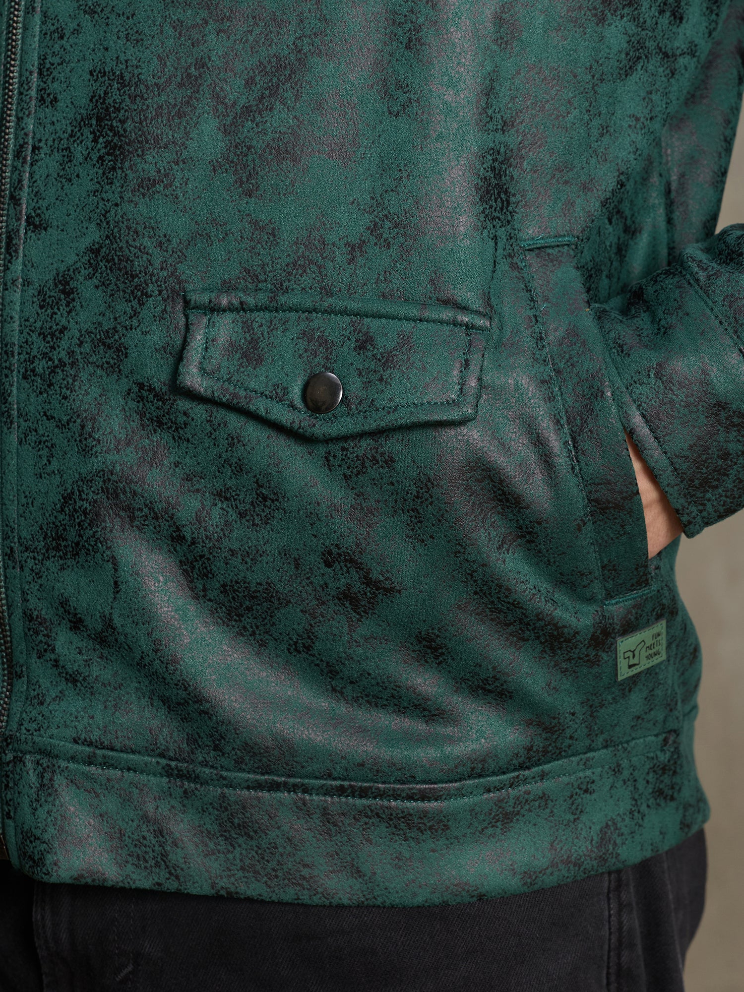 Men Dark Green Textured Full Sleeve Casual Jacket