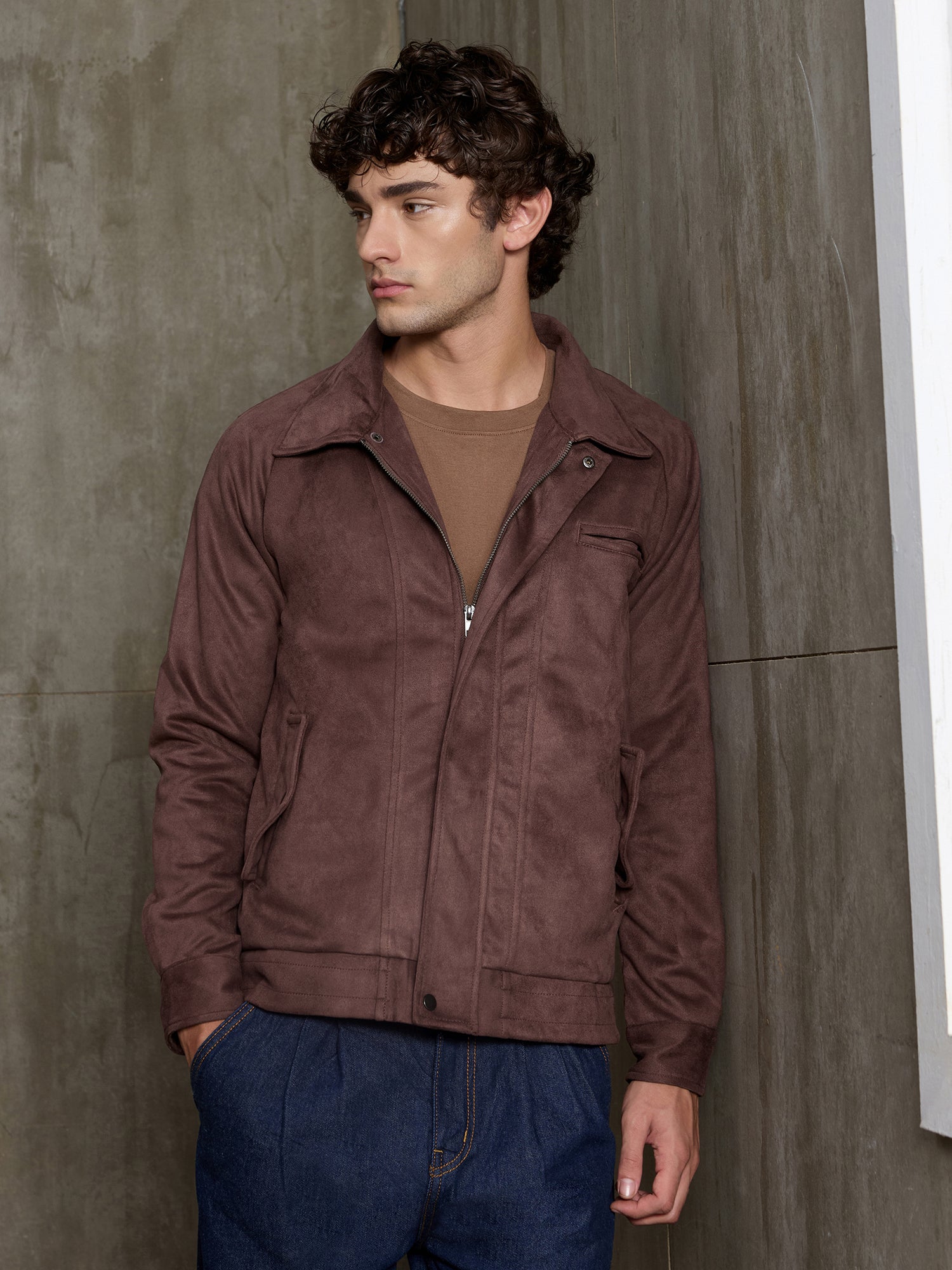 Men Dark Brown Solid Classic Casual Jacket