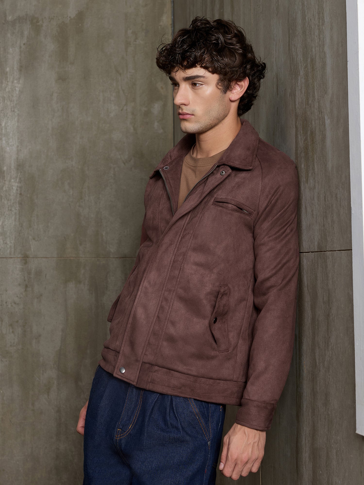 Men Dark Brown Solid Classic Casual Jacket