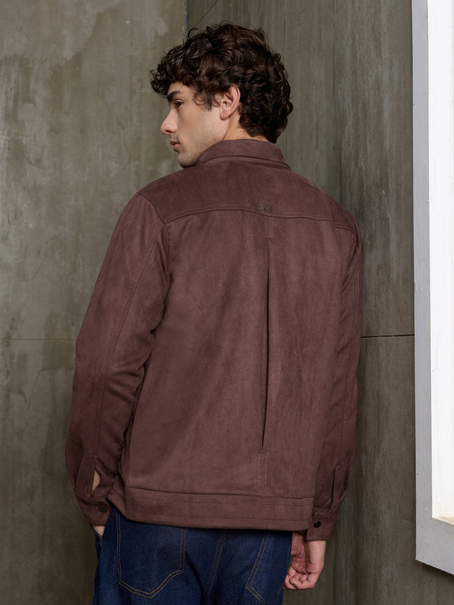 Men Dark Brown Solid Classic Casual Jacket