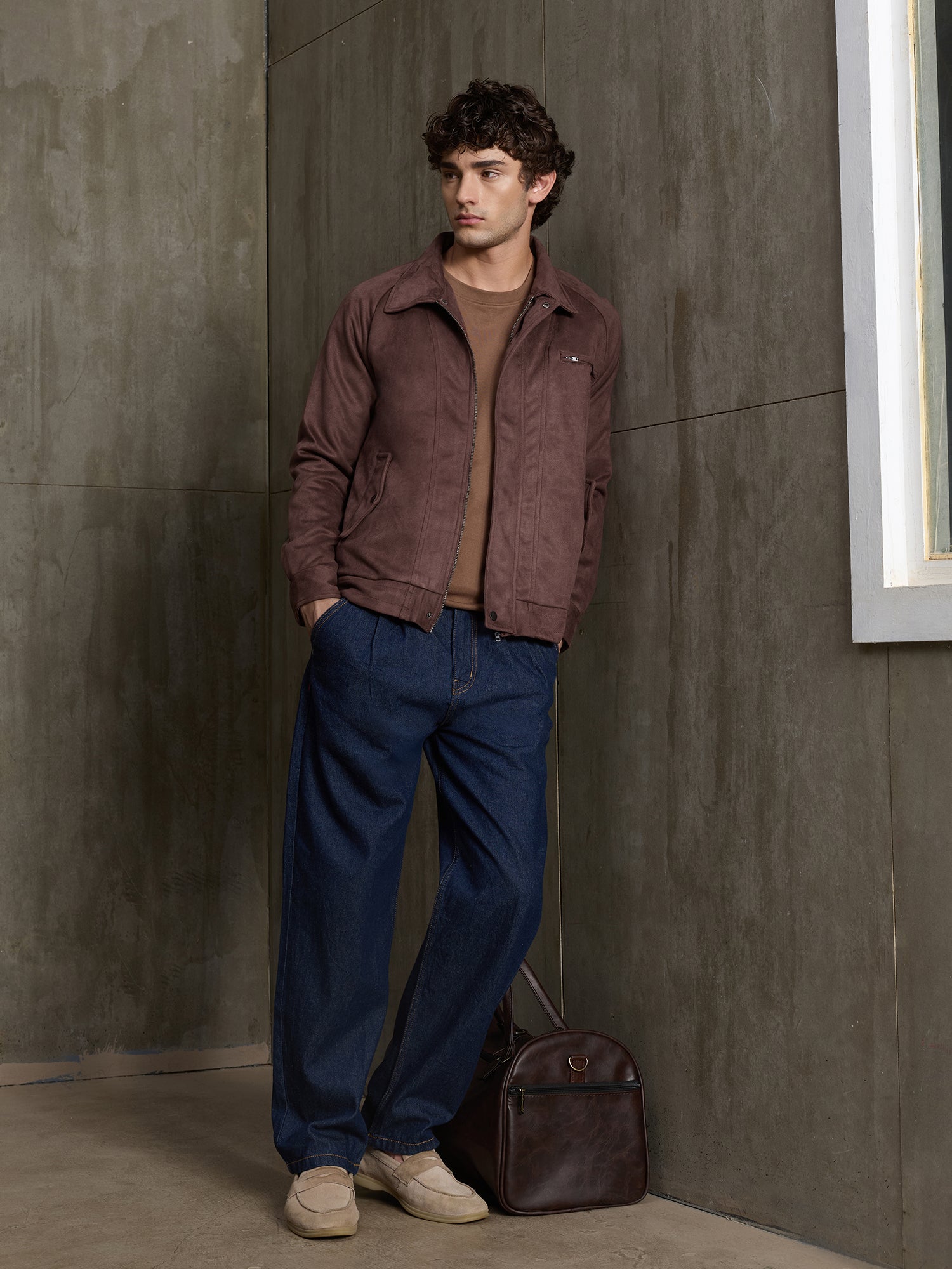 Men Dark Brown Solid Classic Casual Jacket
