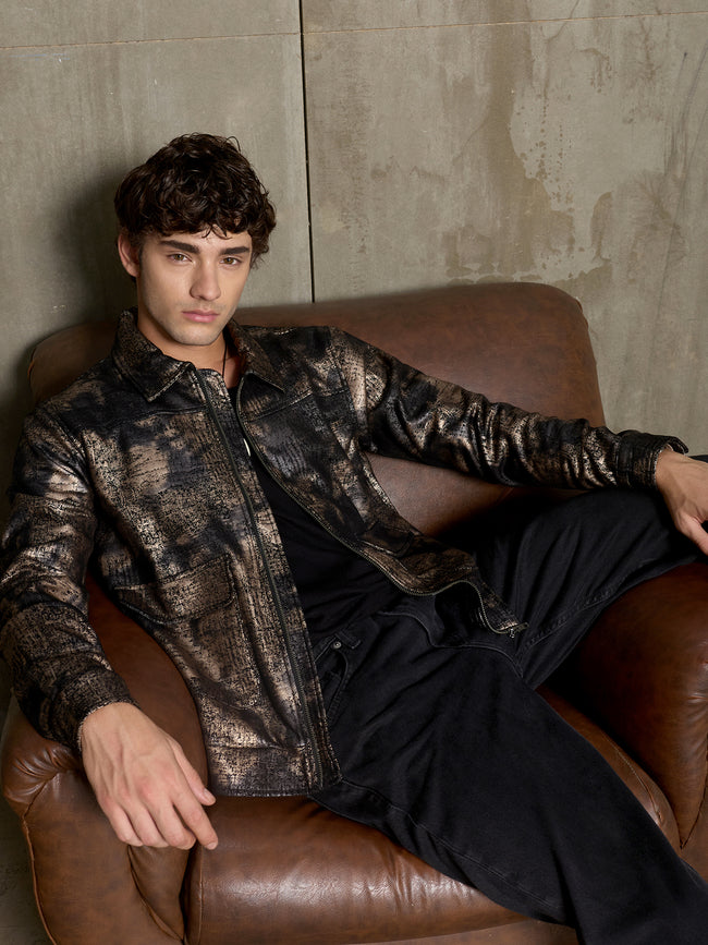 Men Brown Self-Design Night-Out Jacket