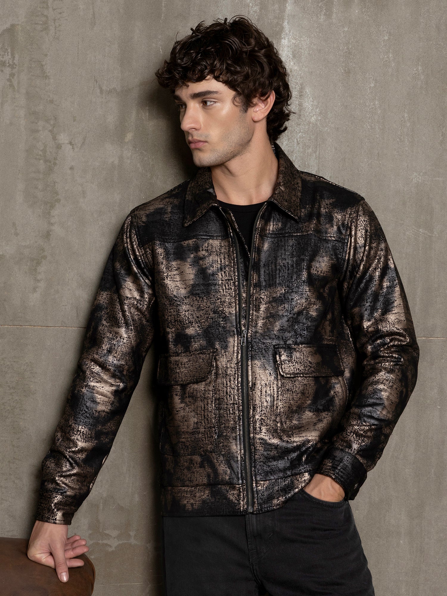 Men Brown Self-Design Night-Out Jacket