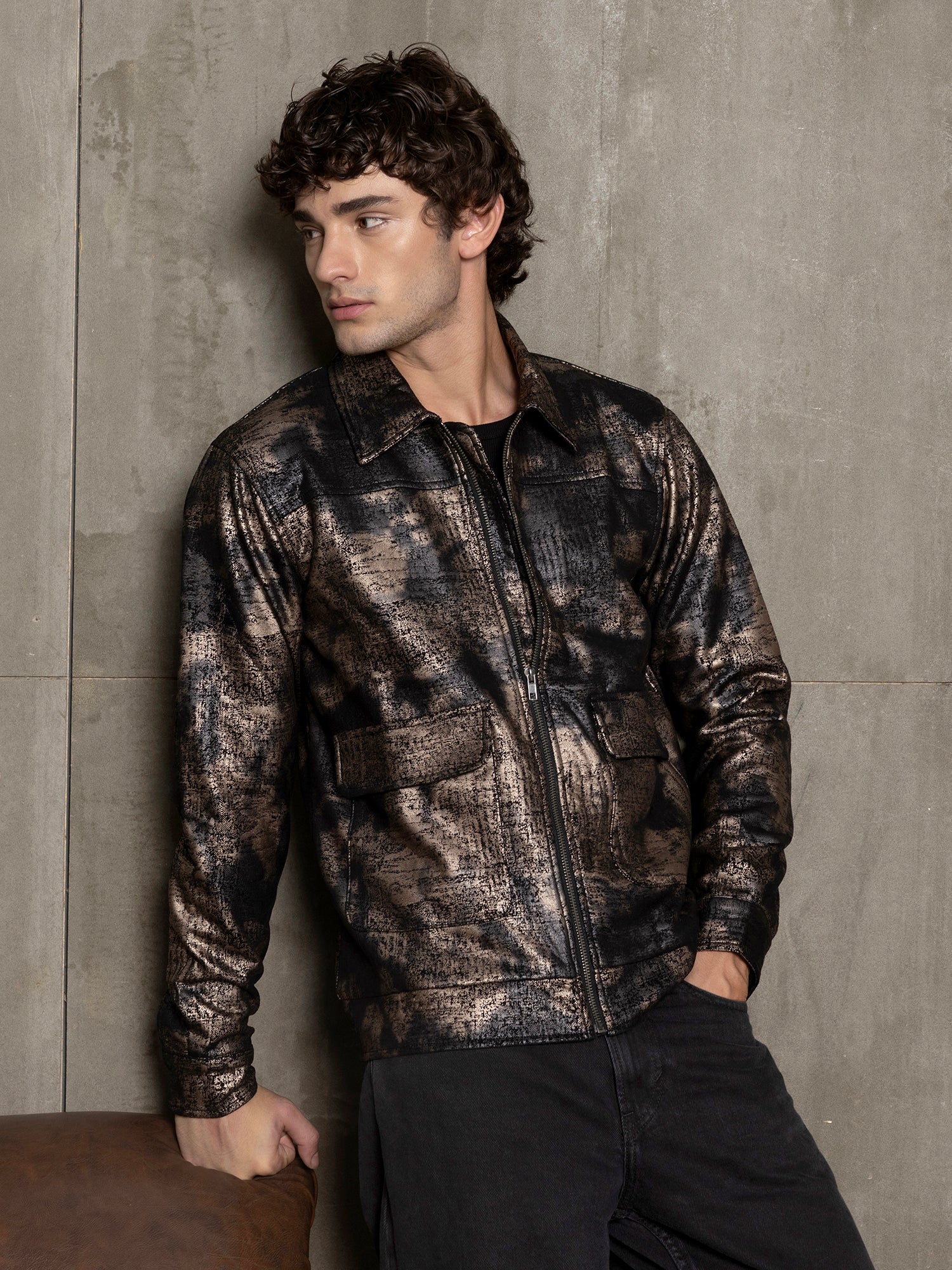 Men Brown Self-Design Night-Out Jacket