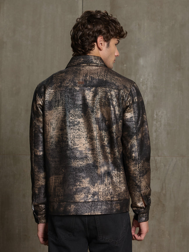 Men Brown Self-Design Night-Out Jacket
