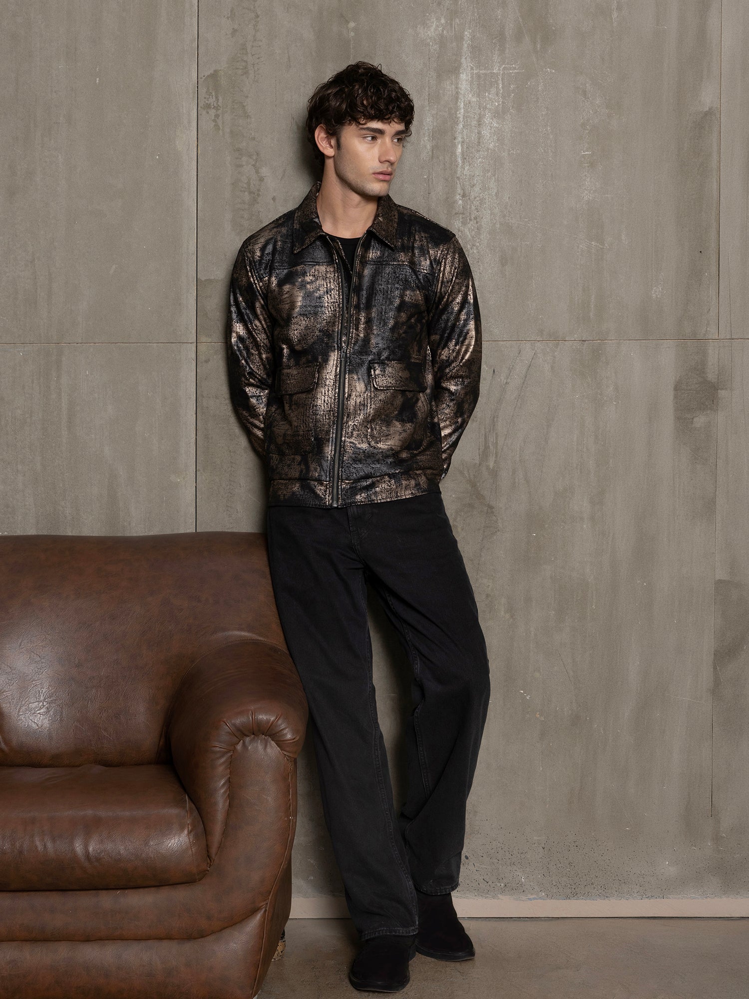 Men Brown Self-Design Night-Out Jacket