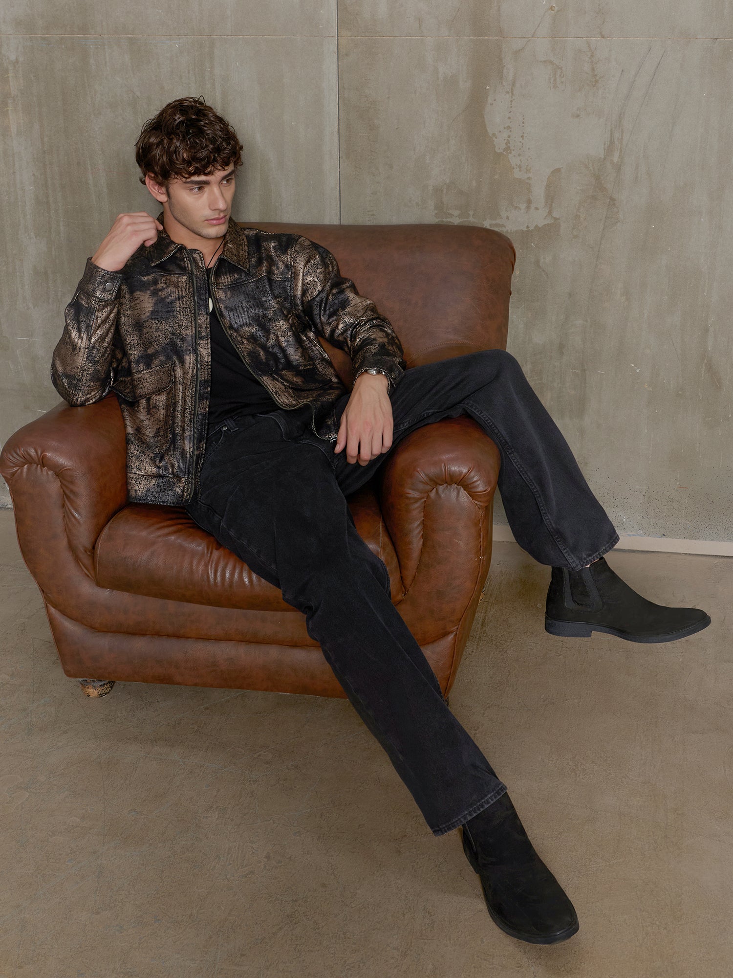 Men Brown Self-Design Night-Out Jacket