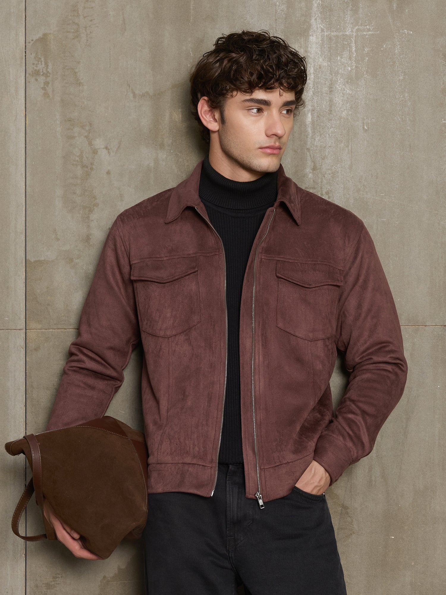 Men Burgundy Solid Full Sleeve Casual Jacket