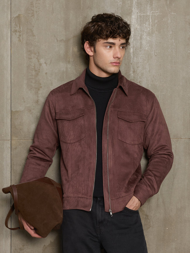 Men Burgundy Solid Full Sleeve Casual Jacket