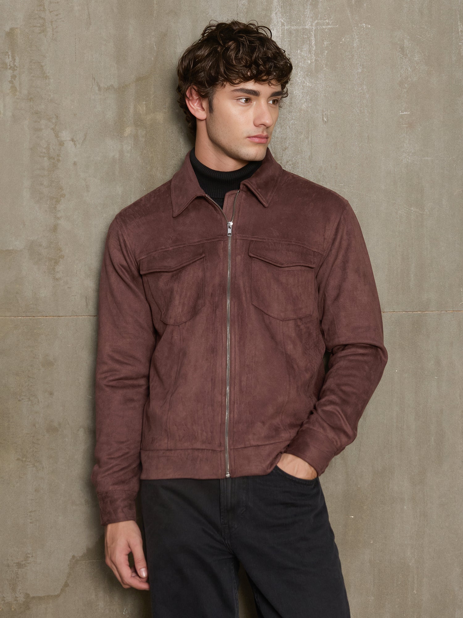 Men Burgundy Solid Full Sleeve Casual Jacket