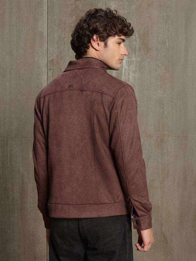 Men Burgundy Solid Full Sleeve Casual Jacket