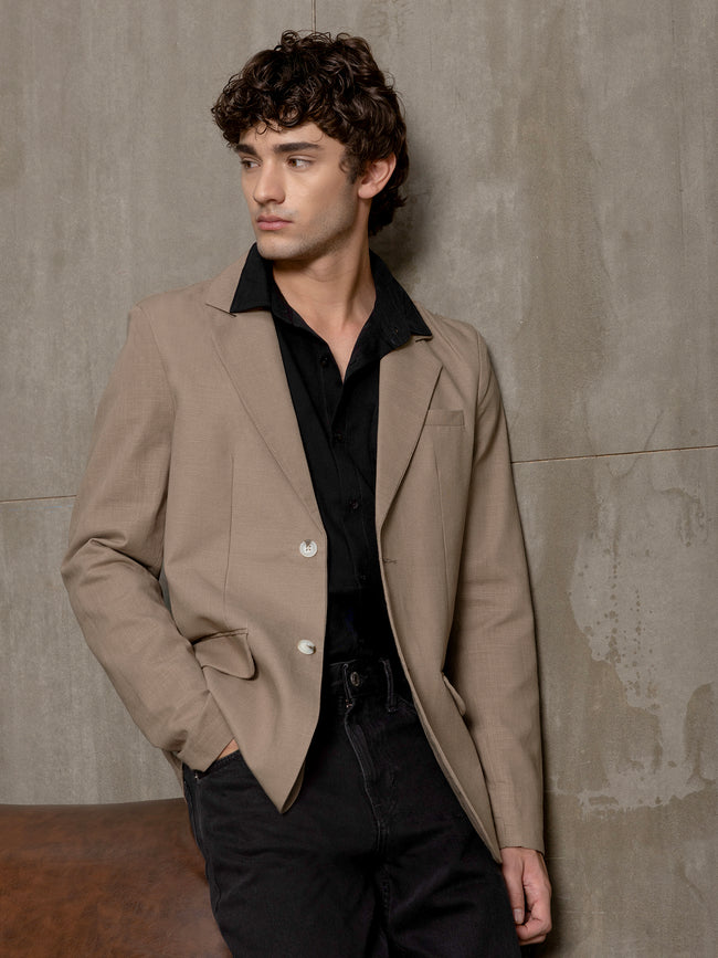 Men Beige Solid Classic Fit Formal Blazer