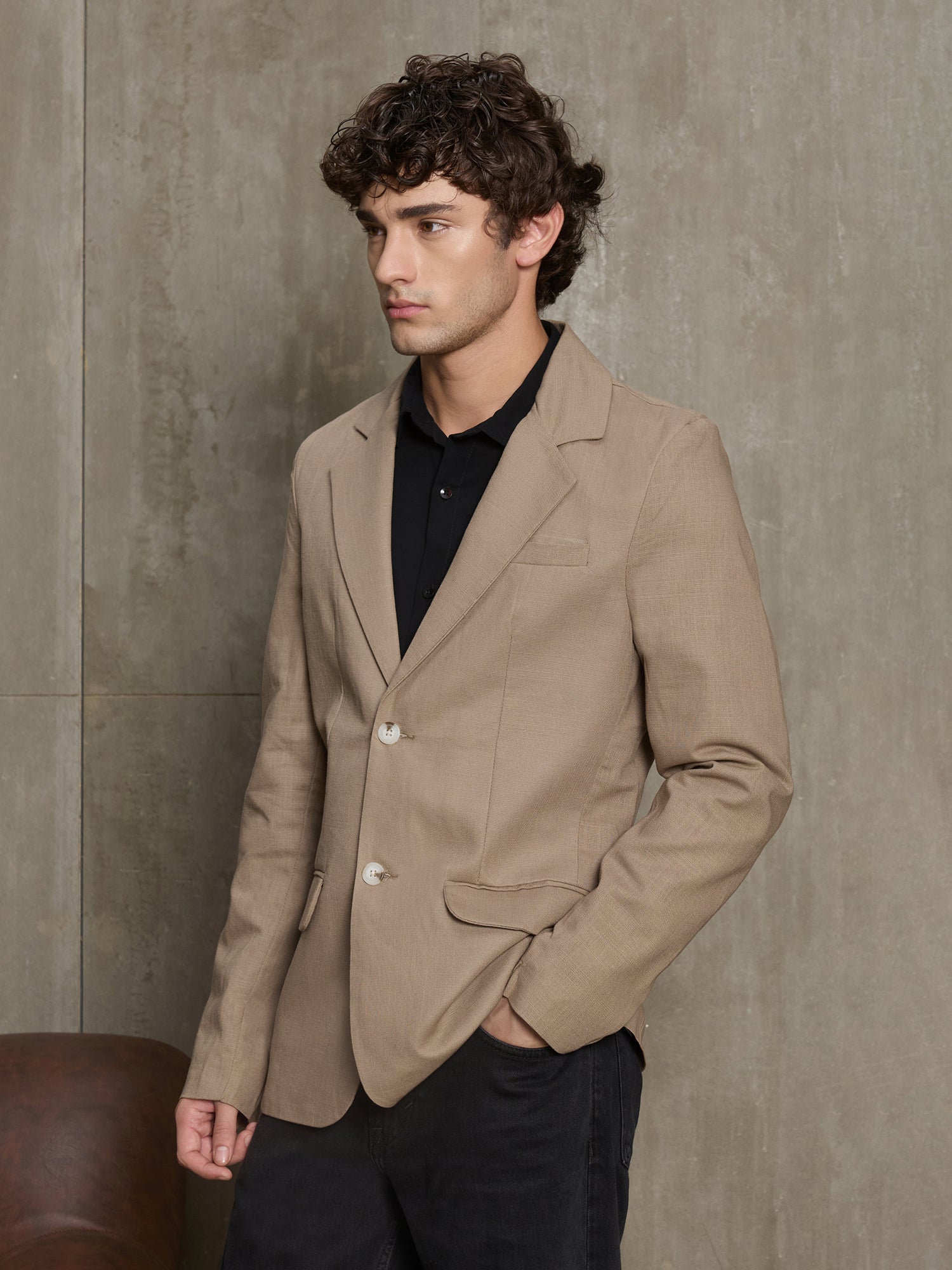 Men Beige Solid Classic Fit Formal Blazer