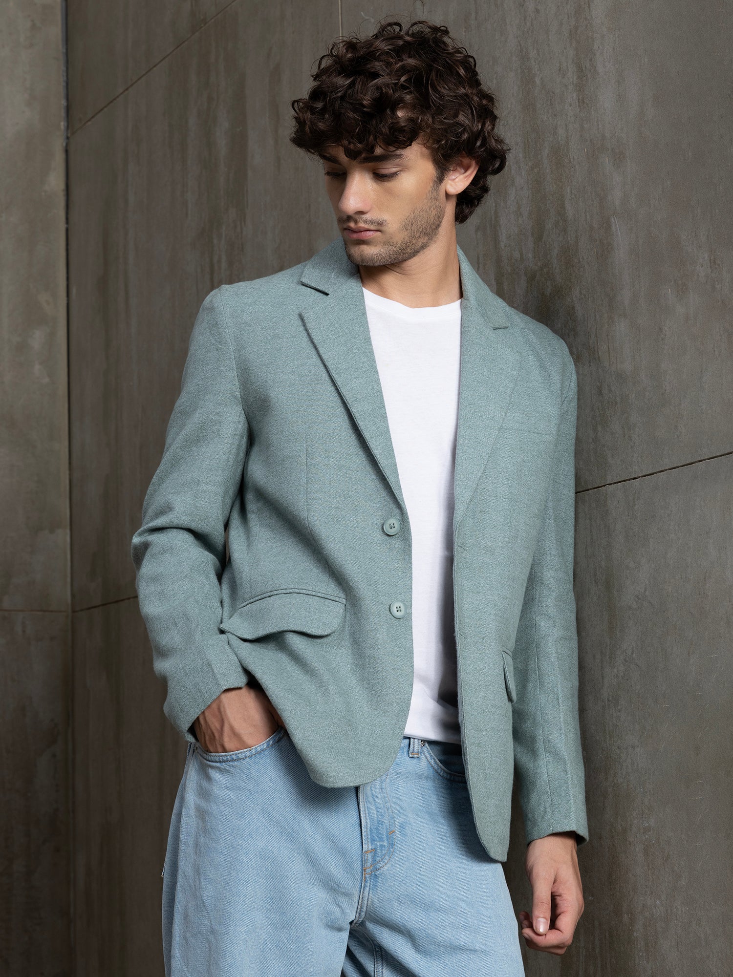 Men Sage Green Solid Regular Fit Casual Blazer