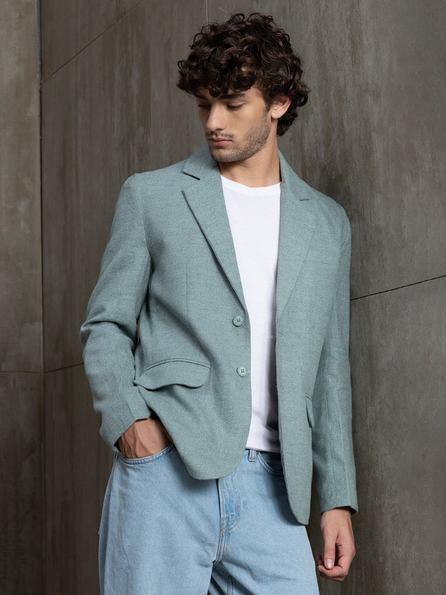 Men Sage Green Solid Regular Fit Casual Blazer