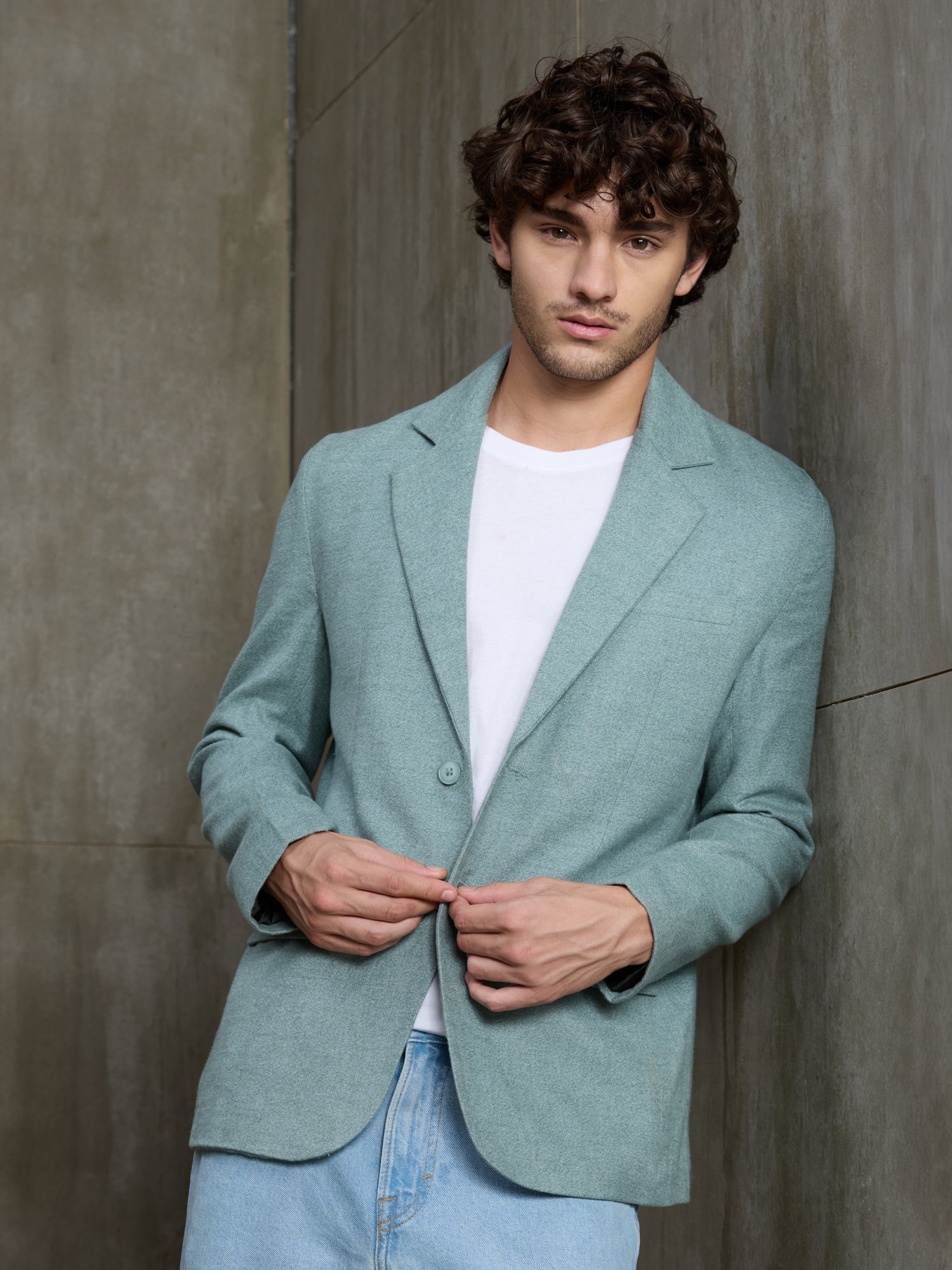 Men Sage Green Solid Regular Fit Casual Blazer