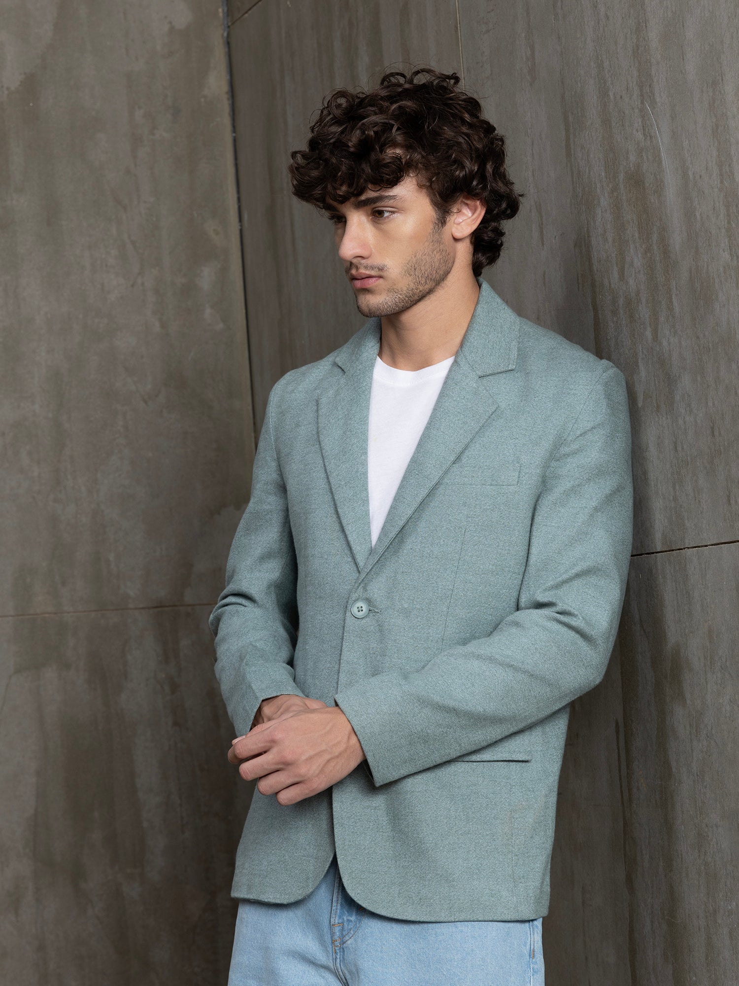 Men Sage Green Solid Regular Fit Casual Blazer