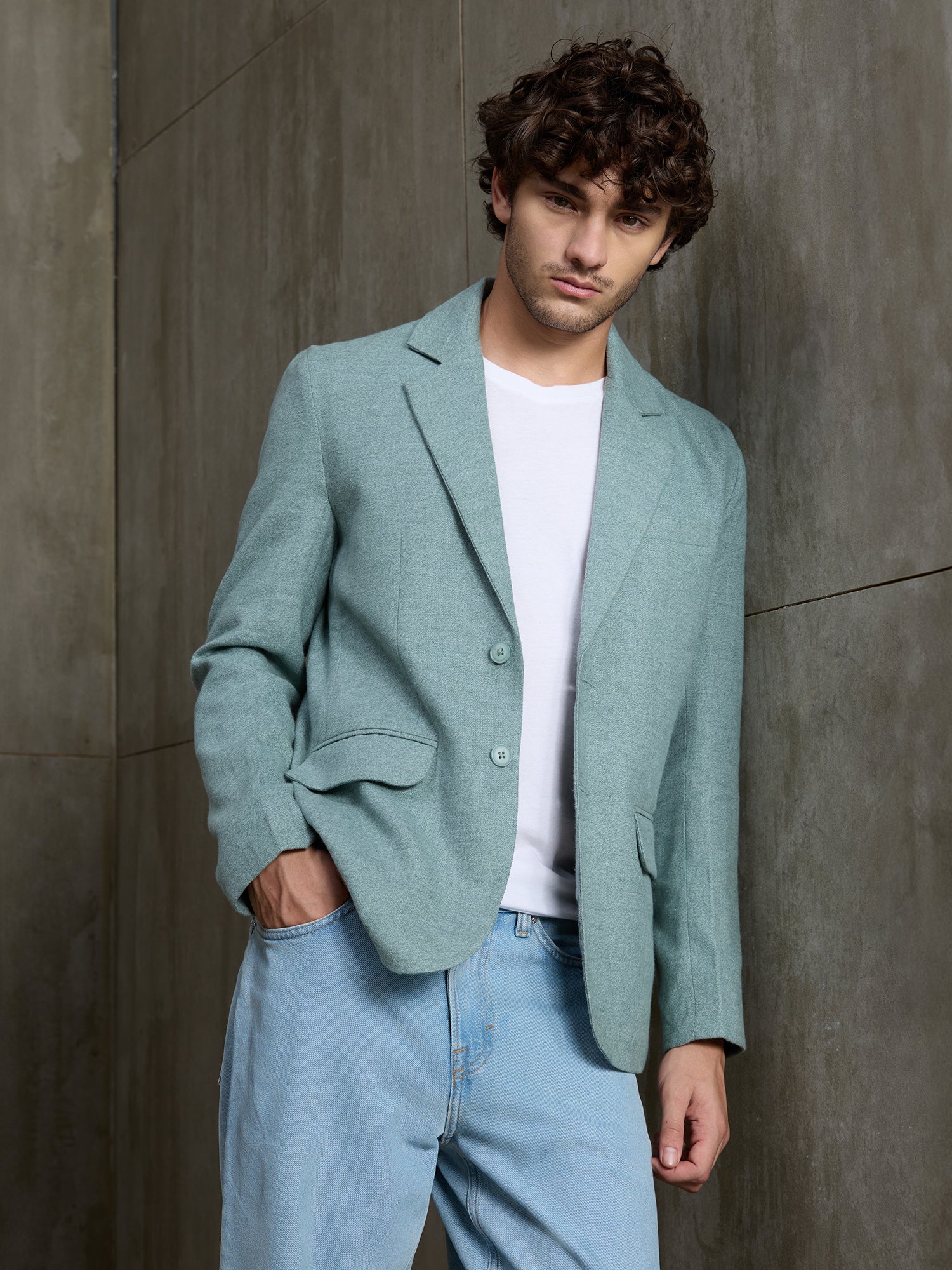 Men Sage Green Solid Regular Fit Casual Blazer