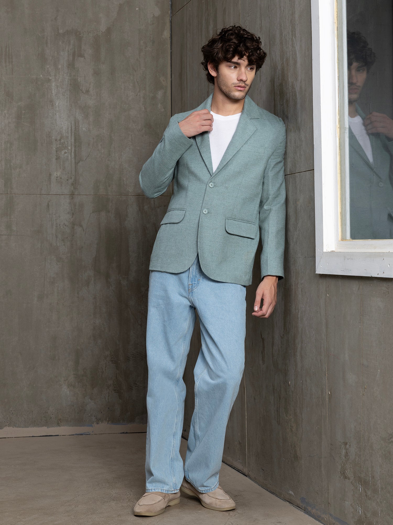 Men Sage Green Solid Regular Fit Casual Blazer