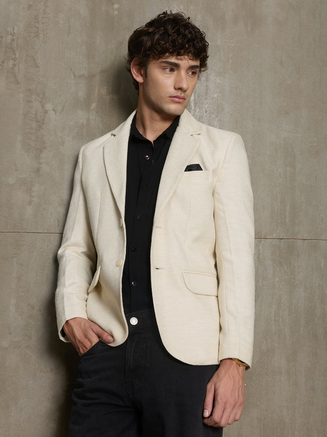 Men Beige Textured Self-Design Formal Blazer