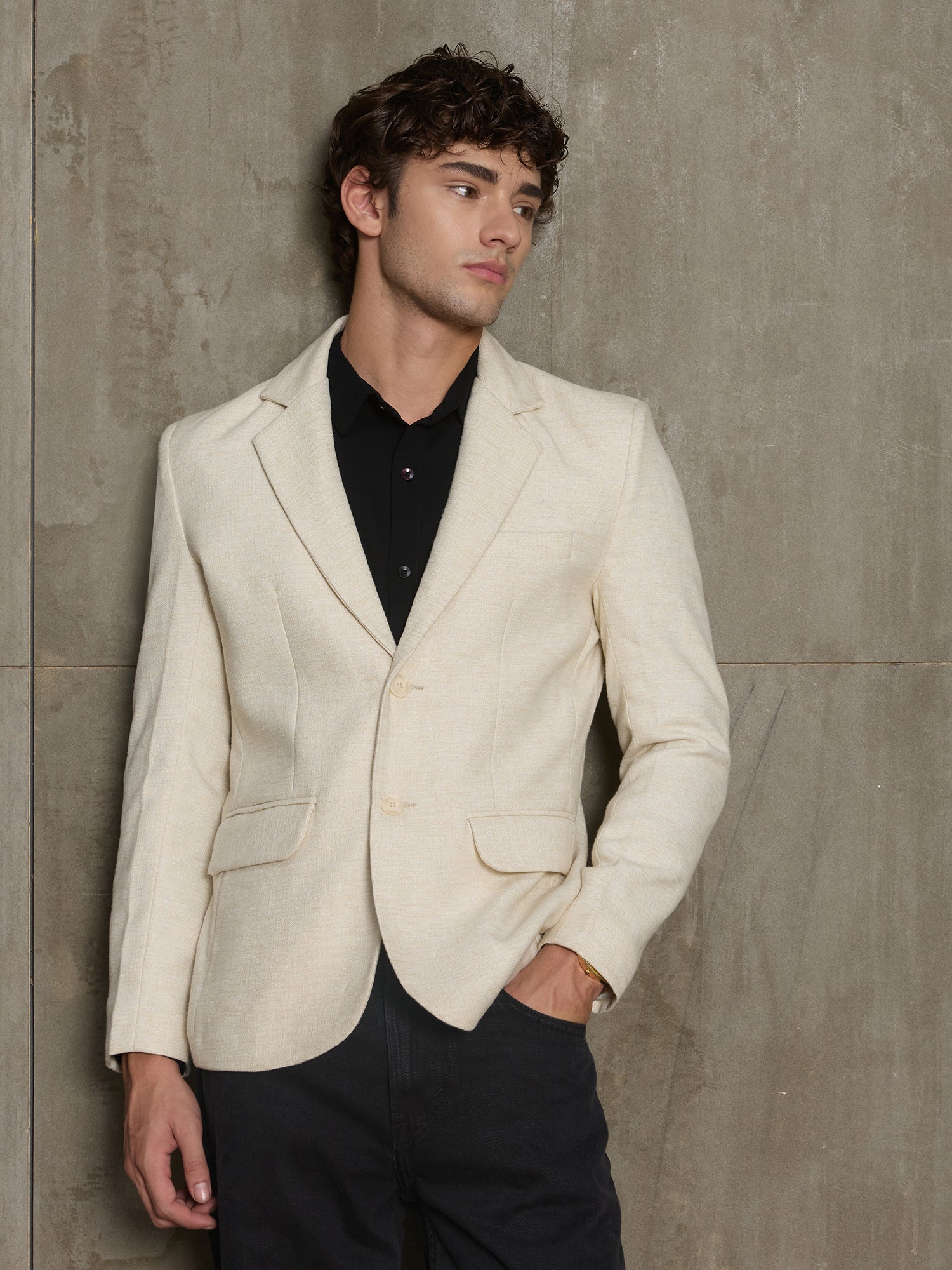 Men Beige Textured Self-Design Formal Blazer