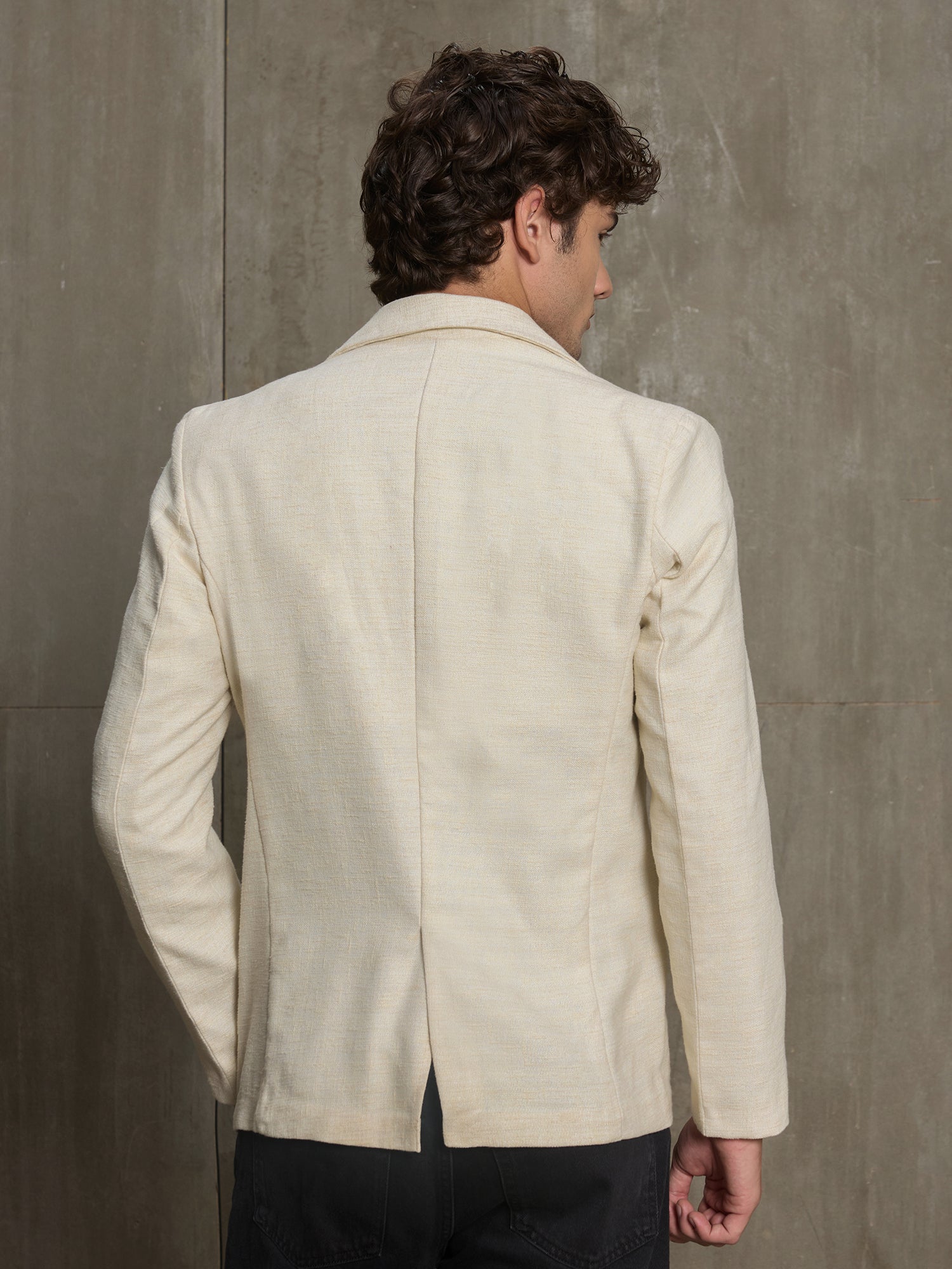 Men Beige Textured Self-Design Formal Blazer